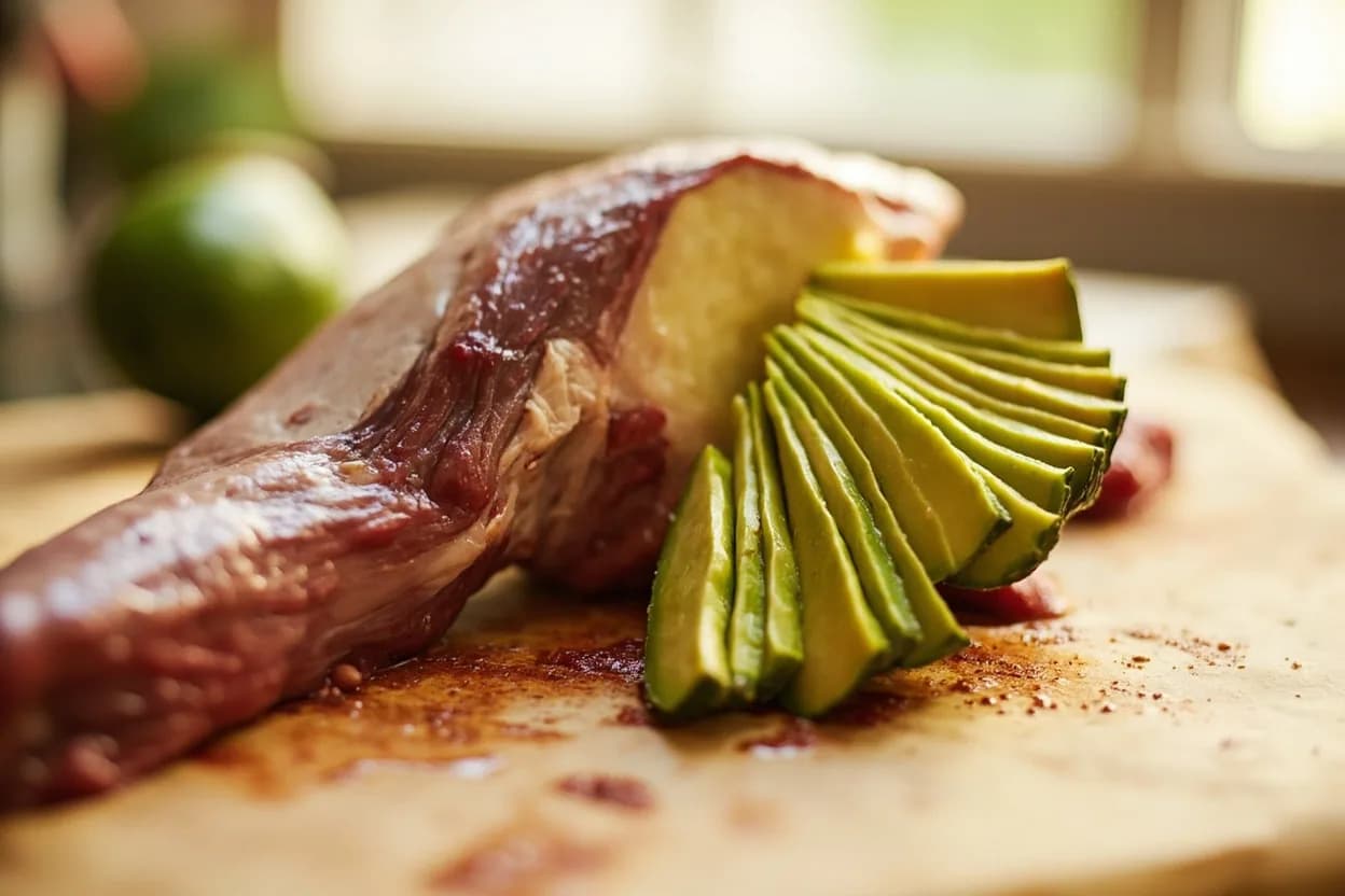 Where the avocado fan cut lives on the source. Whole avocado (Persea americana), most successfully executed with Hass variety at peak ripeness — firm enough to hold slice integrity but yielding enough to splay without cracking.