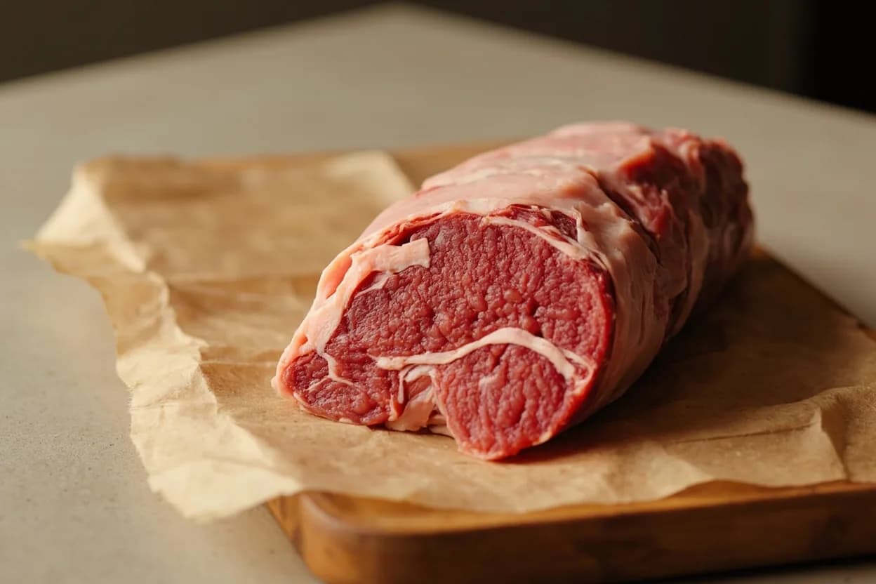 Batonnet in its raw whole-cut form on a butcher's board — The batonnet (French: 'little stick') is a precise rectangular stick cut measuring 6 mm × 6 mm in cross-section by 6 cm in length. Identifying traits: Precise 6 mm × 6 mm × 6 cm rectangular stick form, Parent cut for the large dice (grand dé, 2 cm cube) when cross-cut, Standard shape for French frites and crudité platters.