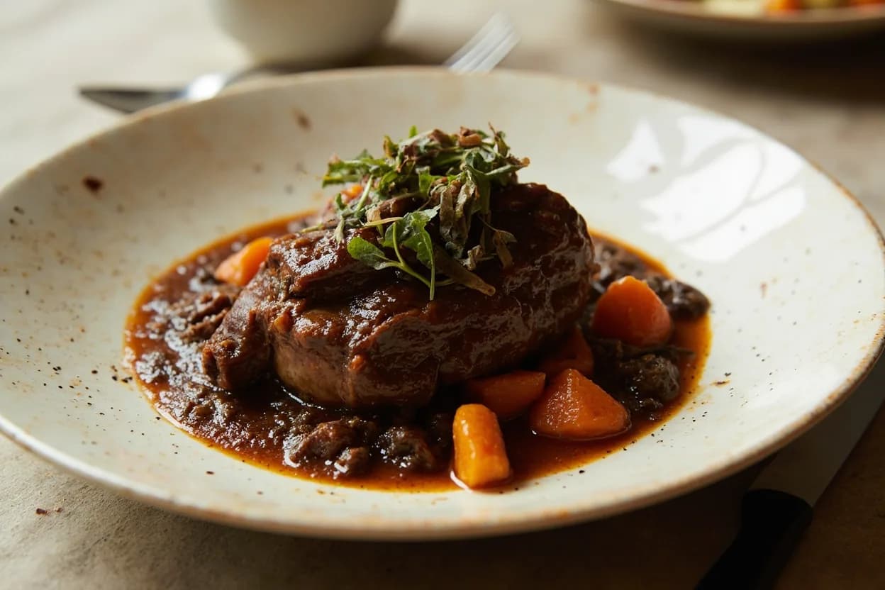 Beef Cheeks prepared the canonical way — Joue de boeuf braisée au vin rouge (French bistro classic). Remove all exterior silverskin and thick inter-muscle fat using a sharp boning knife — these do not break down cleanly and will remain stringy or greasy if left.