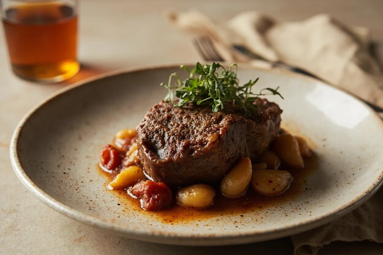 Beef Chuck — Subprimal Breakdown prepared the canonical way — Flat iron steak with chimichurri. For whole-muscle braising: sear the exterior hard in a heavy pot, then braise at 275–300°F (135–150°C) in liquid for 3–4 hours until fork-tender and collagen has converted to gelatin.