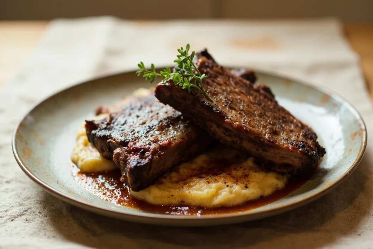 Beef Plate Short Rib vs. Chuck Short Rib prepared the canonical way — Texas-style smoked beef ribs. Plate short ribs (smoking): trim fat cap to ¼ inch; apply coarse salt and black pepper generously. Smoke at 250–275°F (121–135°C) over post oak for 8–12 hours until internal temperature reaches 200–205°F (93–96°C) and a probe slides through with zero resistance.