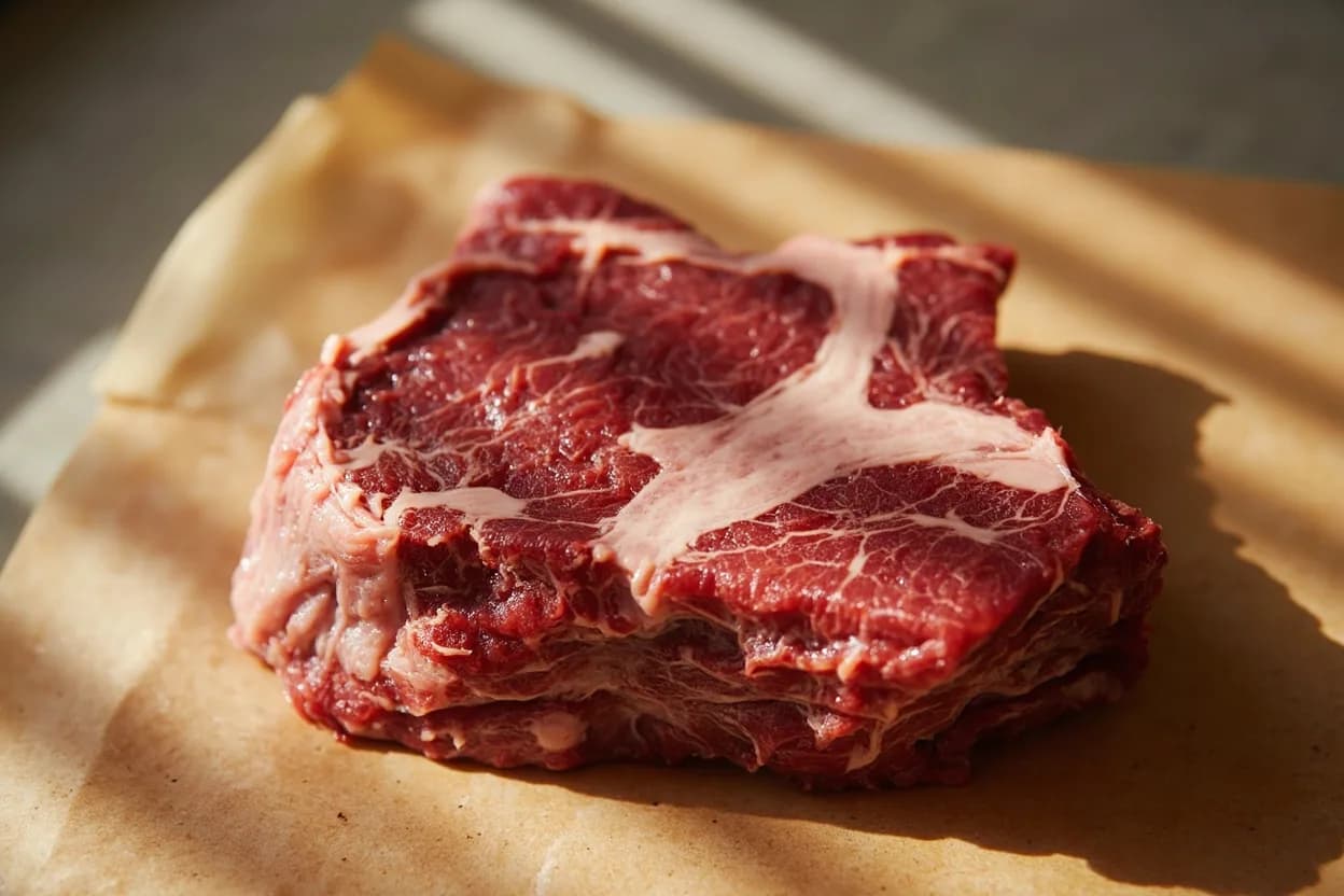 Beef Primal Cuts (French) in its raw whole-cut form on a butcher's board — French butchery ('découpe à la française') does not carve the carcass into large block primals as the USDA system does; instead it separates individual muscles or muscle groups along natural seam lin… Identifying traits: Seam butchery preserves individual muscle integrity better than block-cut primals, Each named piece carries an implied cooking method in classical French cuisine, Finer subdivision means smaller portions but purer muscle groups.