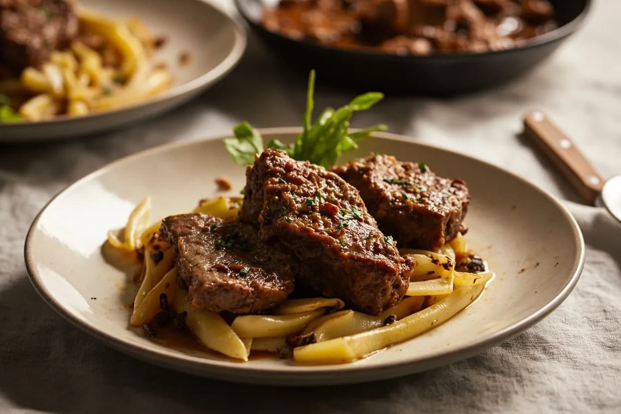 Beef Primal Cuts (Western/USDA) prepared the canonical way — Pot roast (chuck). Identify the primal origin of any cut before choosing a method: high-collagen, high-connective-tissue primals (chuck, brisket, shank, plate) demand low-and-slow moist or indirect heat to dissolve collagen into gelatin.