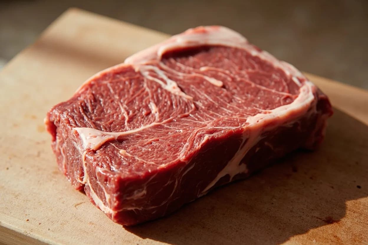 Beef Primal Cuts (Western/USDA) in its raw whole-cut form on a butcher's board — Under the USDA/North American beef grading and cutting system, a side of beef (half carcass) is first divided into eight wholesale primals: chuck, rib, loin (short loin + sirloin), round, brisket, pl… Identifying traits: Eight distinct anatomical regions with different muscle-fiber types and fat distribution, Forequarter primals (chuck, rib, brisket, plate, shank) account for ~52% of carcass weight, Hindquarter primals (loin, round, flank) account for ~48% of carcass weight.