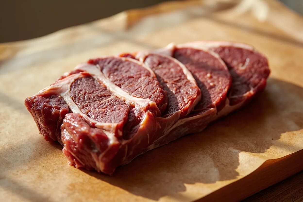 Beef Tenderloin — Medallion Portioning & Chain Removal in its raw whole-cut form on a butcher's board — The beef tenderloin is the psoas major muscle, a spindle-shaped muscle running along the inside of the spine beneath the sirloin. Identifying traits: Three distinct zones require different portioning strategies: butt end (thick), center (uniform), tail (thin), The chain (side muscle) must be removed before portioning — it is loosely attached, fatty, and gristly, Silver skin runs along the top of the tenderloin and must be fully excised — it contracts during cooking and distorts the shape.