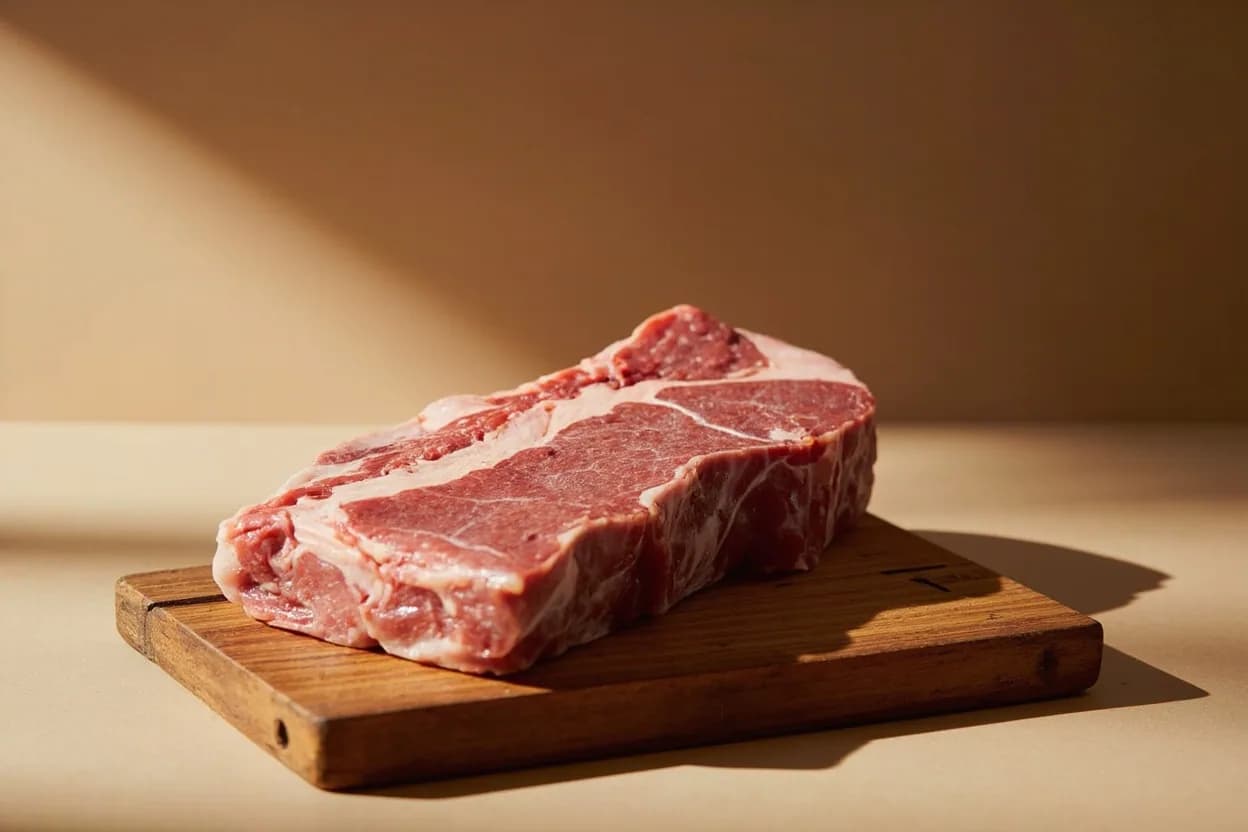 Beef Tendon vs. Shank Cross-Cut in its raw whole-cut form on a butcher's board — The beef shank cross-cut (also sold as osso-buco style beef) is a 3–5 cm thick slice taken perpendicular through the whole shank bone and surrounding muscle, revealing a marrow-filled ring of bone en… Identifying traits: Extremely high collagen content converts to gelatin under moist heat, Tendon becomes translucent and gelatinous; shank meat remains fibrous but succulent, Bone marrow in the cross-cut shank enriches braising liquid.