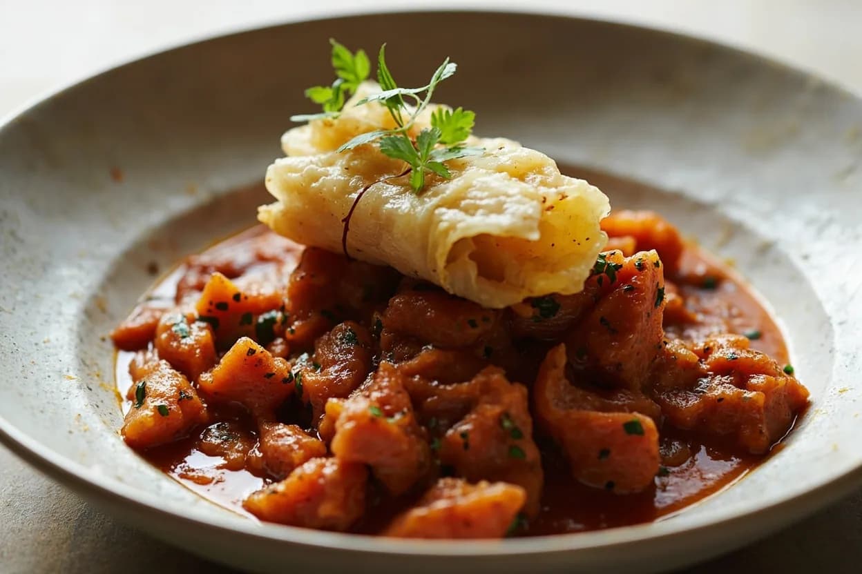 Beef Tripe — Honeycomb vs. Book (Blanket) prepared the canonical way — Trippa alla Romana (Rome, with tomato and pecorino). CLEANING: Commercial tripe is sold pre-bleached (scalded and cleaned by the processor) and is off-white or pale yellow. Rinse thoroughly under cold running water, scrubbing both surfaces. For very fresh/green tripe, soak in salted water with vinegar for several hours, changing water twice.