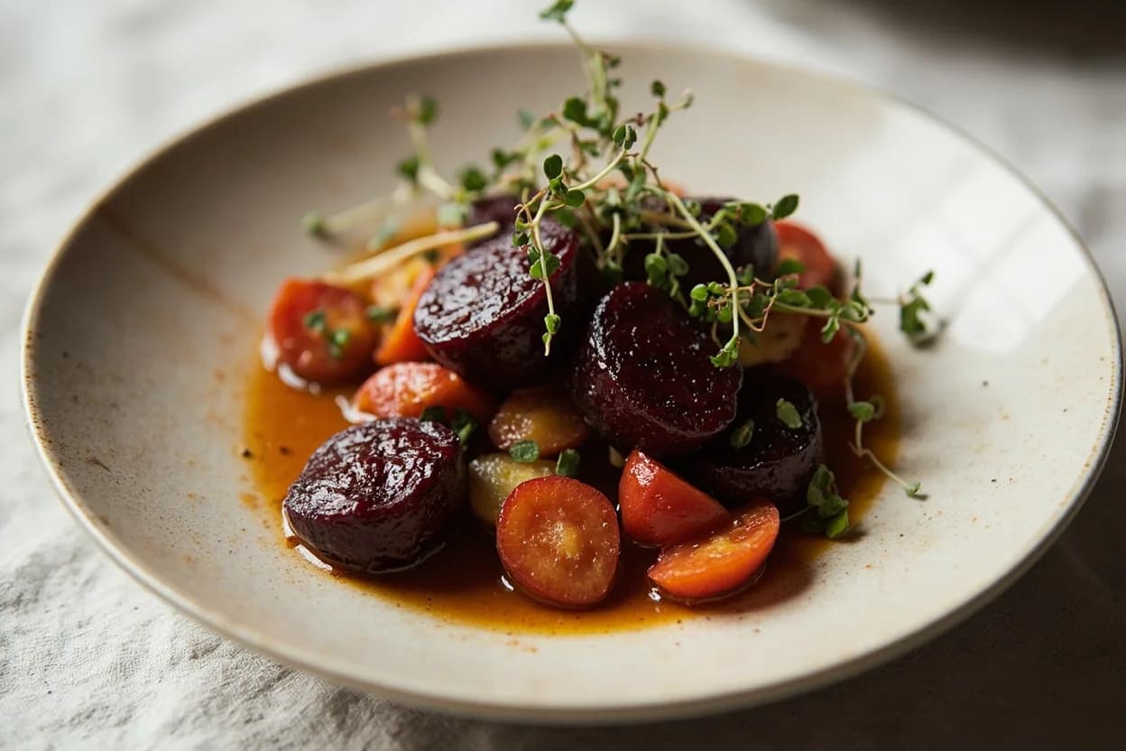 Beet Rouelle prepared the canonical way — Beet and goat cheese salad. Wash beets thoroughly; peel with a vegetable peeler before cutting (wear gloves for red beet — betalain stains deeply). Alternatively, roast whole, cool, and rub the skins off after cooking if a smoother, sweeter flavor is desired.