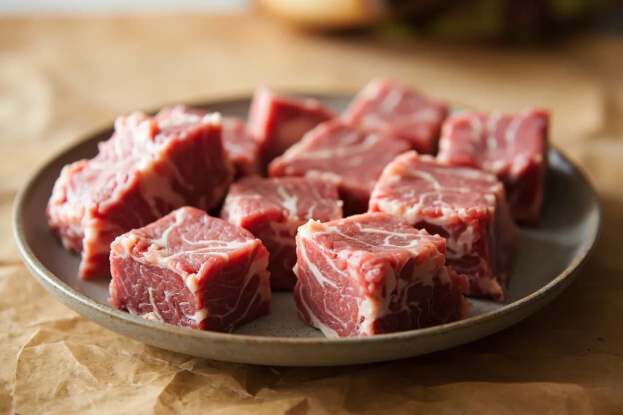 Boti (Boneless Cubed Meat for Skewering) in its raw whole-cut form on a butcher's board — Boti (also boti kebab) is both a cut specification and a preparation format in South Asian culinary tradition. Identifying traits: Uniform cube size is critical — unevenness causes some pieces to dry out before others are cooked, All silverskin and hard connective tissue must be removed before marinating; it does not tenderise under the marinade, Takes colour rapidly in tandoor — the small cube surface area and high heat produce char in 6–8 minutes.