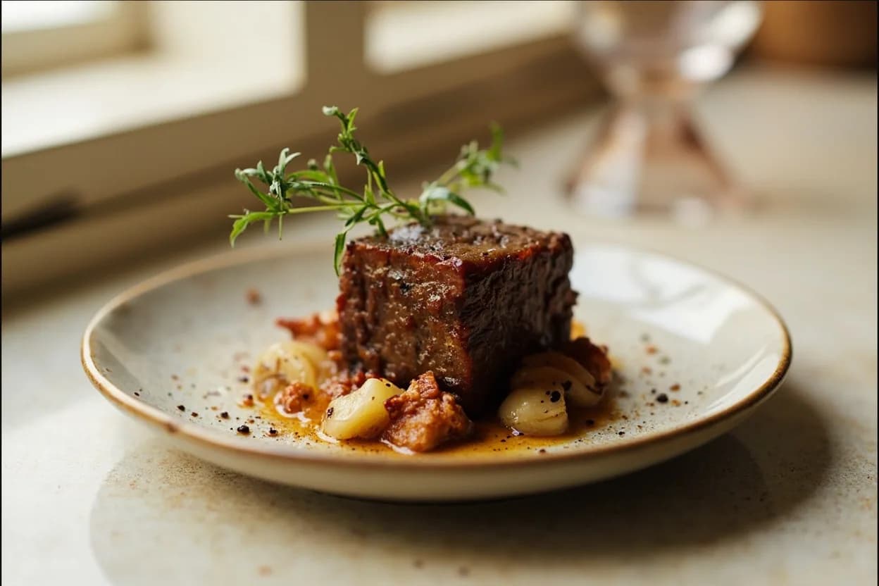 Burnt Ends (Point Cube) prepared the canonical way — Kansas City burnt ends platter. Smoke the whole packer brisket fat-side up at 225–250 °F (107–121 °C) with post-oak or hickory until the flat reaches 200–205 °F (93–96 °C) and probes like butter.