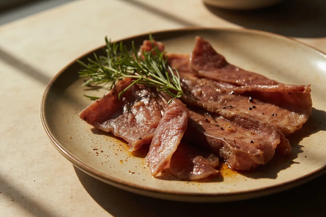 Cecina Thin-Slice Curing Cut prepared the canonical way — Tacos de cecina. Bring a comal or cast-iron skillet to high heat — it must be dry and very hot before the meat goes on.