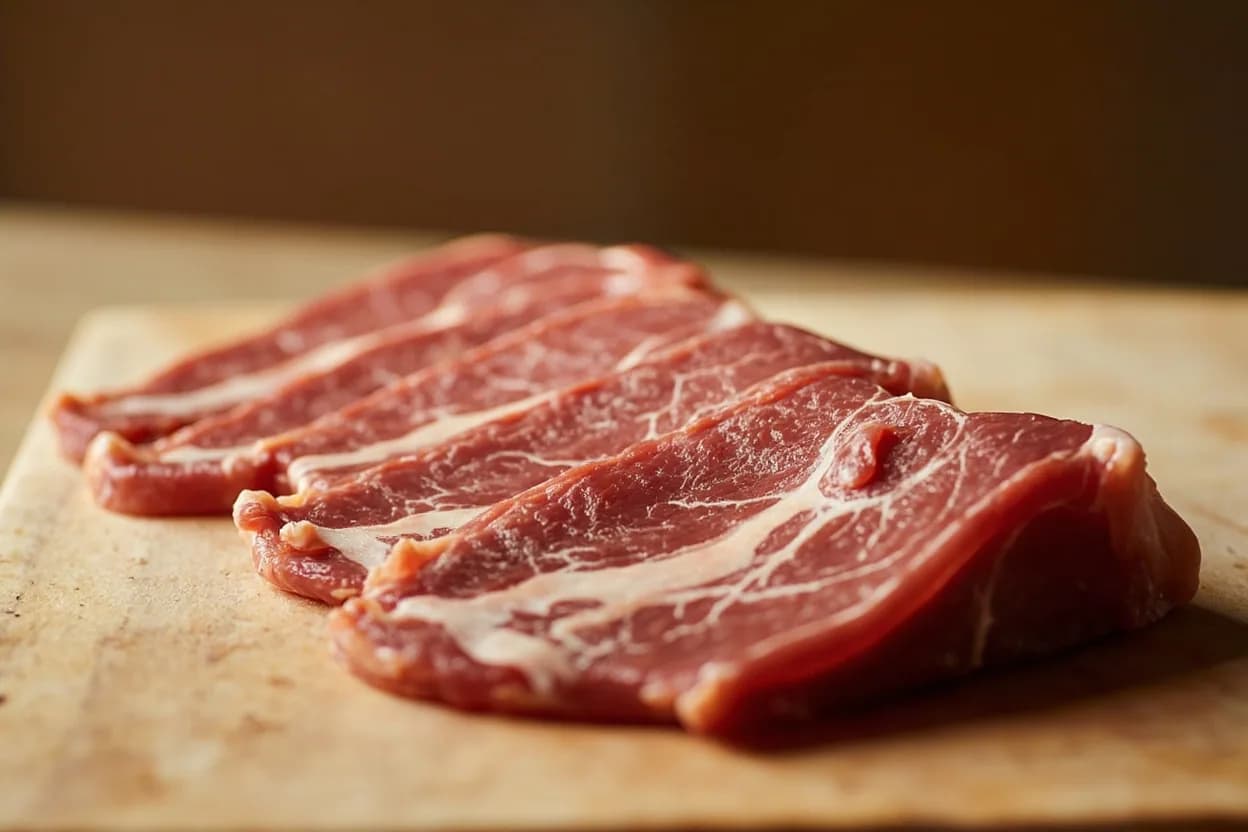 Cecina Thin-Slice Curing Cut in its raw whole-cut form on a butcher's board — Cecina (from the Latin siccina, meaning dried) refers to beef sliced in long, thin diagonal sheets from leg muscles, then salt-cured and air-dried to varying degrees of dryness. Identifying traits: Broad, thin panels (1–3 mm) of cured beef with a dry, slightly tacky exterior, Intense beefy salinity from the curing step, In the enchilada style, a vivid red-orange chile-achiote crust that chars beautifully.
