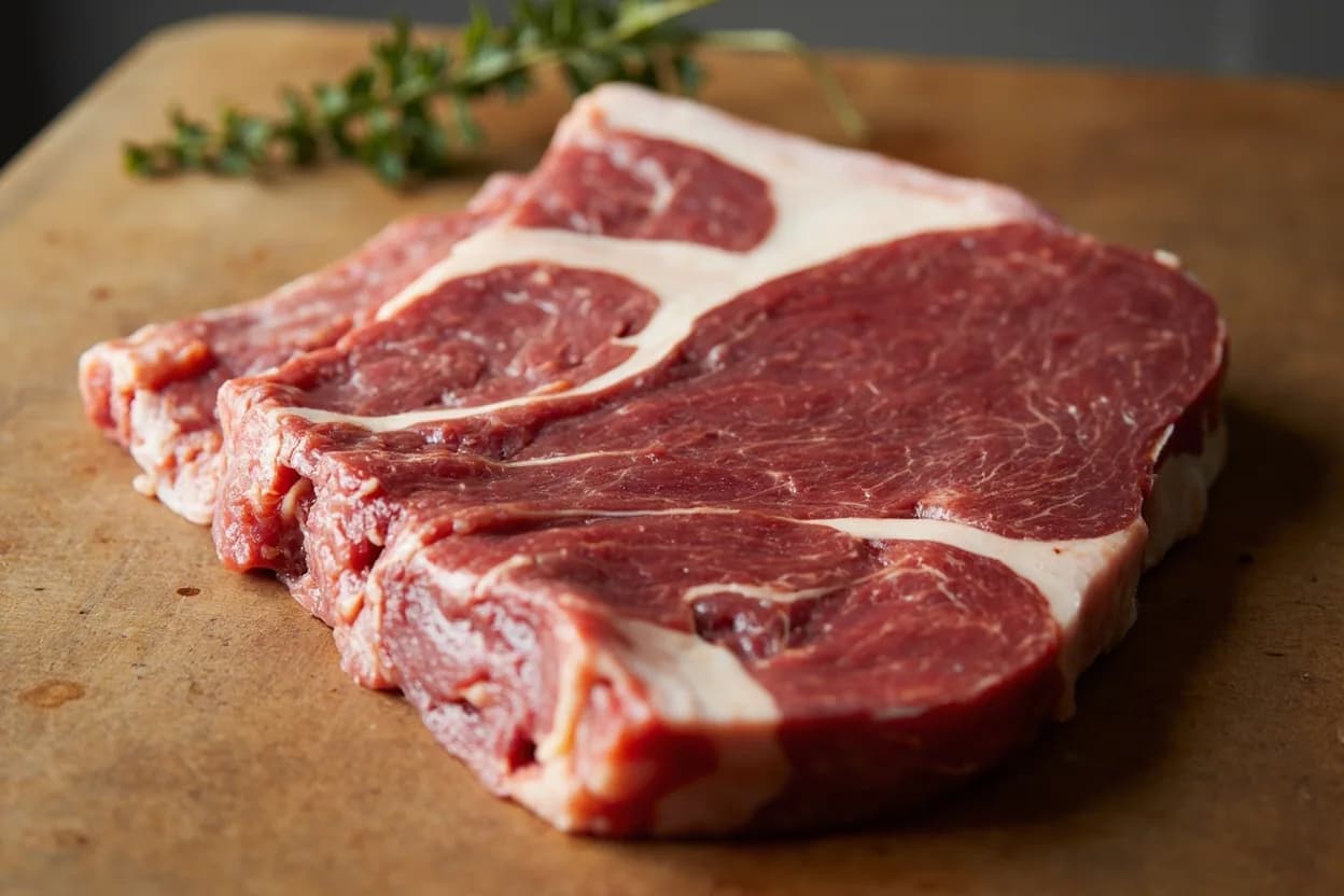 Chadolbaegi (Paper-Thin Beef Brisket Slice) in its raw whole-cut form on a butcher's board — Chadolbaegi (차돌박이) is beef brisket—specifically the thick brisket flat and adjacent point—sliced to 1–2 mm on a commercial slicer while the block is semi-frozen. Identifying traits: Translucent, near see-through when held to light, Distinctive lateral white fat stripe through lean muscle, Curls upward immediately on a hot grill surface.