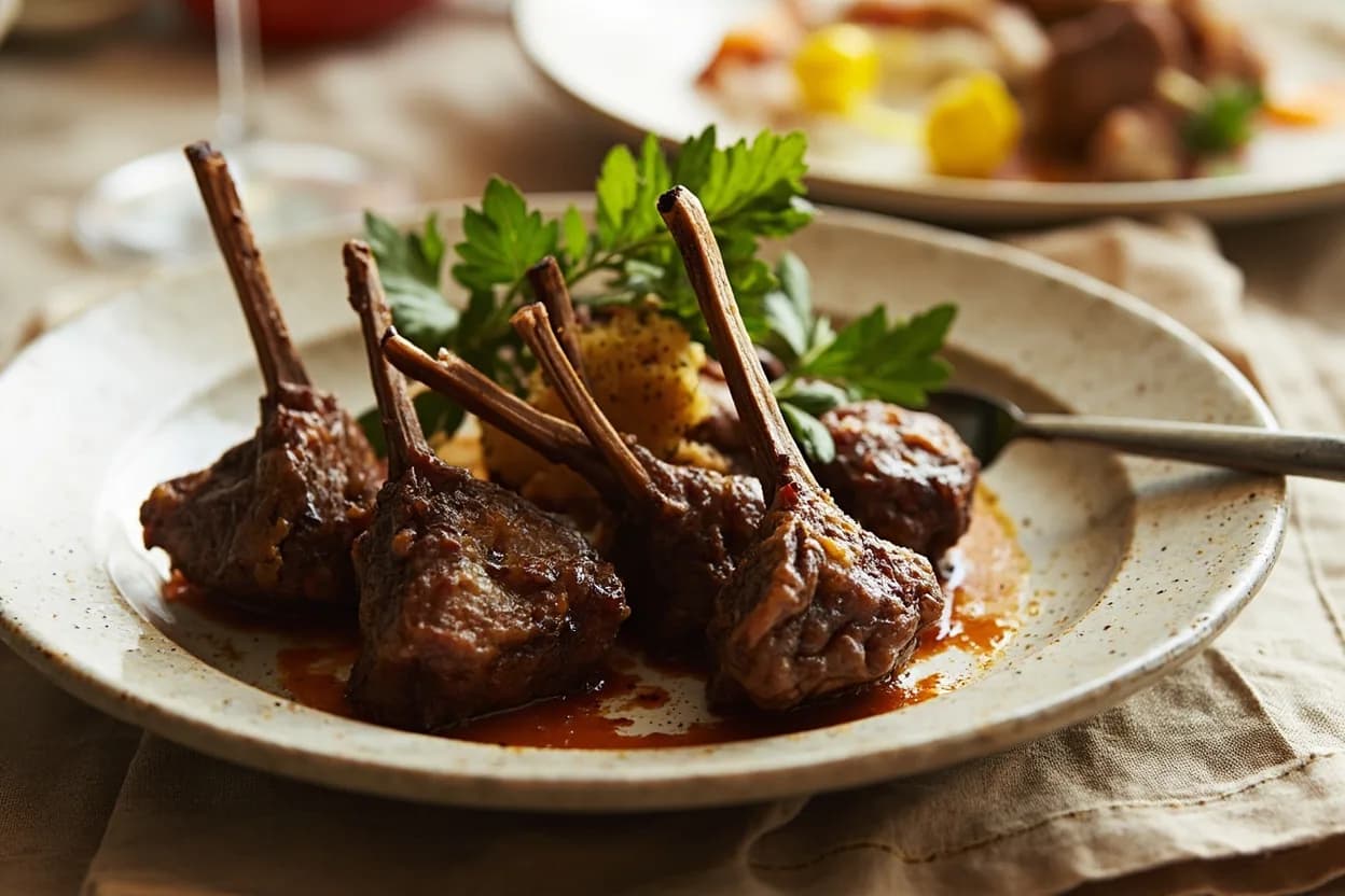 Champ (Rack of Lamb Rib Cutlets) prepared the canonical way — Tandoori champ. Marinate for at least 4 hours (overnight preferred) in a paste of yogurt, raw papaya or pineapple enzyme, ginger-garlic, red chilli, garam masala, and a neutral oil — the enzyme tenderises the muscle fibre while yogurt conducts char.