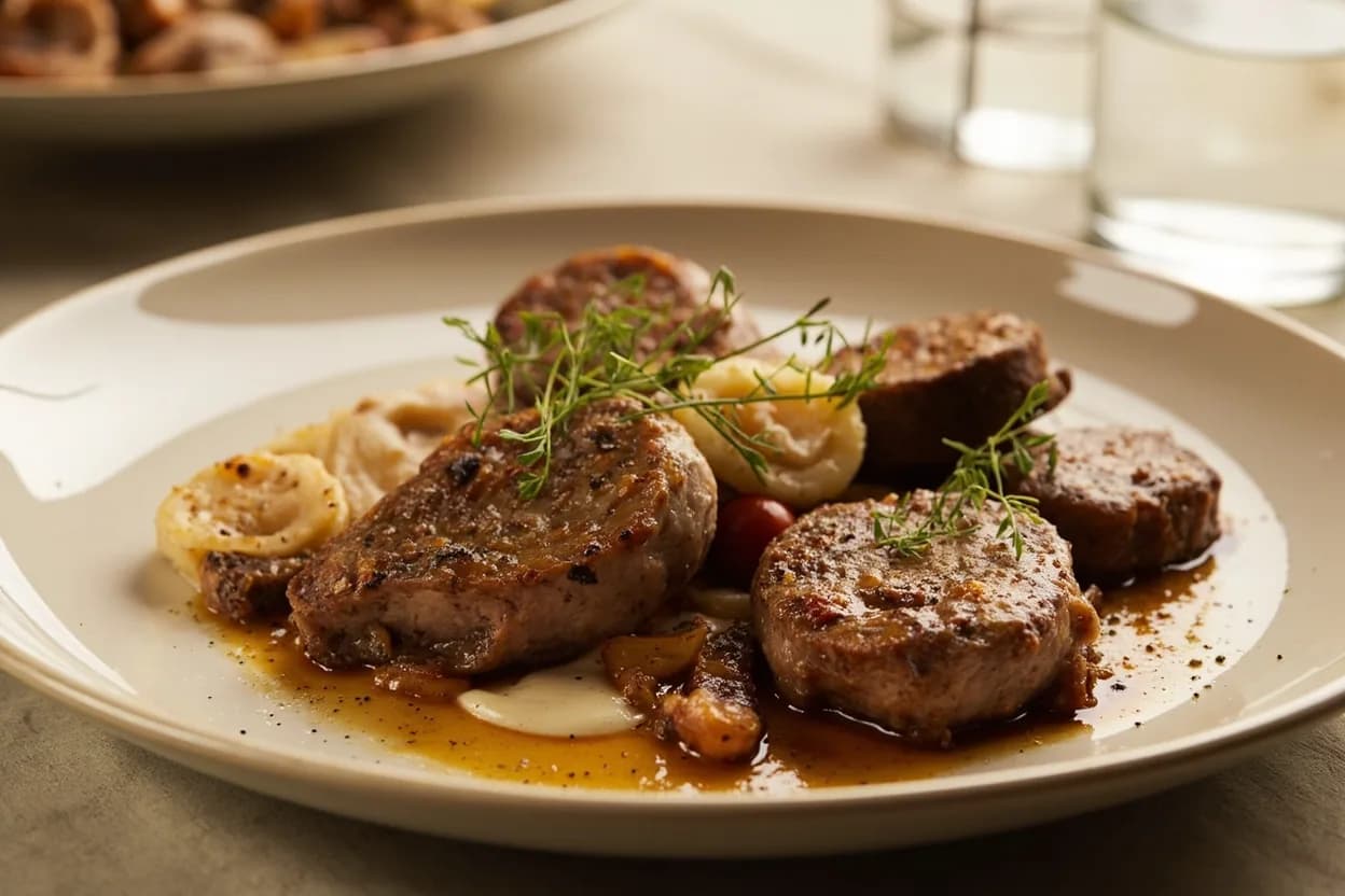 Châteaubriand prepared the canonical way — Châteaubriand with Béarnaise sauce. Trim any remaining silverskin or surface fat and tie the roast with butcher's twine at 2 cm intervals to maintain an even cylinder.