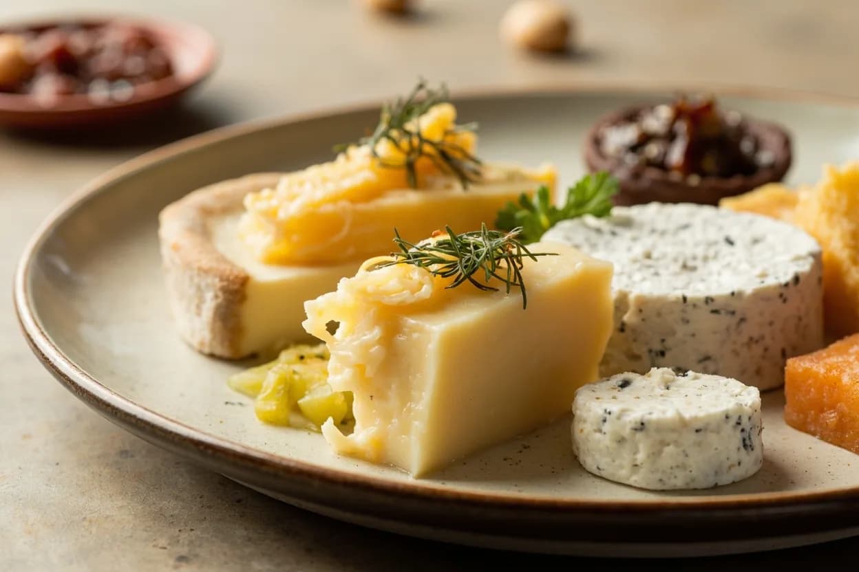 Cheese Board Portioning for Service prepared the canonical way — Plateau de fromages (French cheese course). Bring all cheeses to room temperature before service: 30–45 minutes for hard and semi-hard varieties; 15–20 minutes for soft and washed-rind (no more — a warm Camembert collapses)