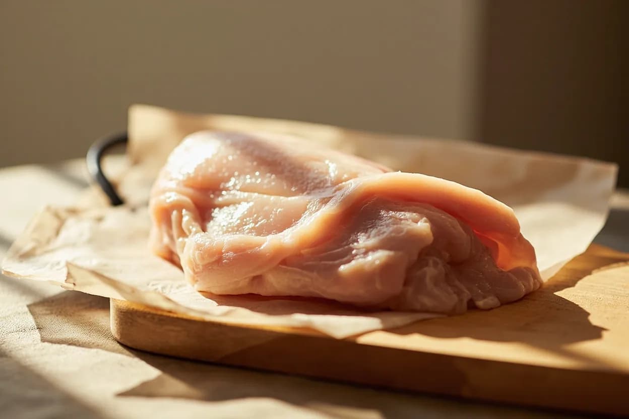 Chicken Suprême in its raw whole-cut form on a butcher's board — A chicken suprême is a skin-on, boneless (or semi-boneless) chicken breast with the first wing joint — the humerus (drumette) — left attached and frenched. Identifying traits: Skin-on for self-basting during sear or roast, Frenched wing bone provides a visual handle for plated service, Boneless breast muscle allows uniform sear across the surface.