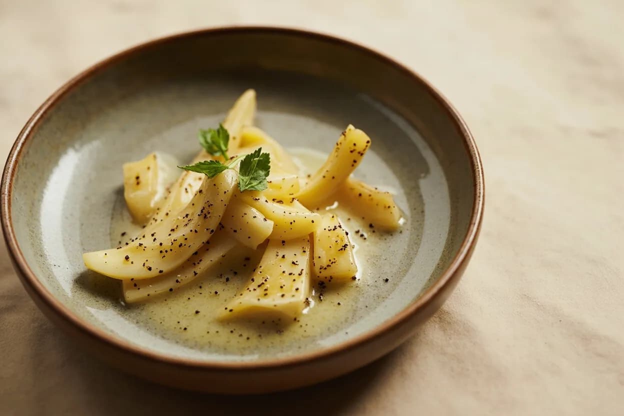 Ciseler (Fine Shallot / Onion Dice) prepared the canonical way — Beurre blanc nantais. Halve the shallot or onion through the root and the tip, leaving the root intact. Peel and lay the flat side down on the board.