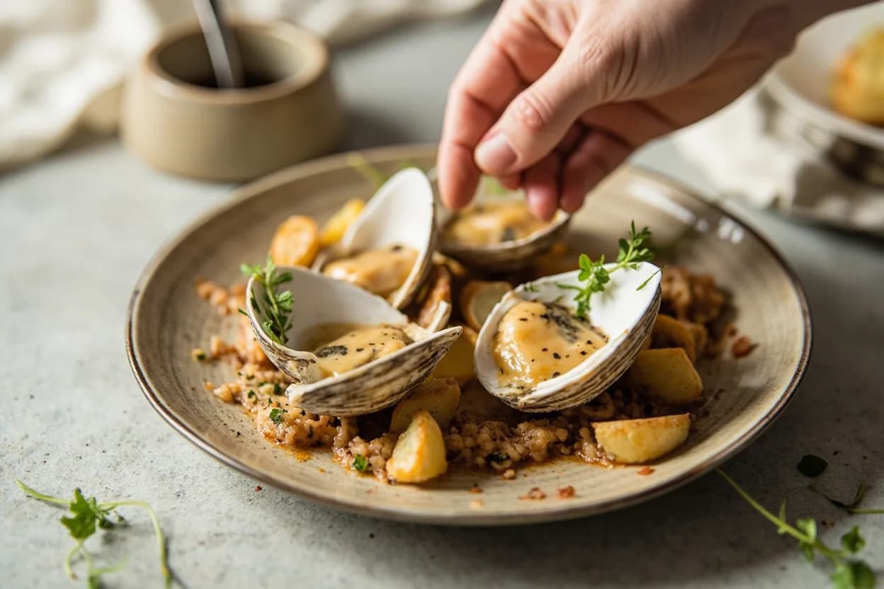 Clam Shucking (Raw vs. Steamed) prepared the canonical way — Clams casino (American — raw-shucked cherrystone, bacon, peppers, broiled). RAW SHUCKING — Scrub clams under cold water with a stiff brush. Refrigerate on ice, hinge-down, until ready to shuck.