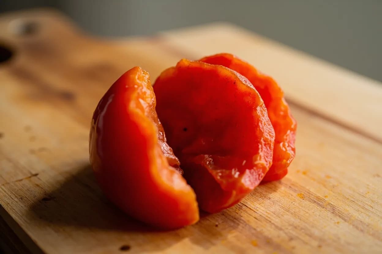 Concassé (Tomato) in its raw whole-cut form on a butcher's board — Tomato concassé is the classical French preparation of ripe tomatoes that have been cross-scored, blanched briefly in boiling water, shocked in ice water, peeled, halved, and scraped free of seeds an… Identifying traits: Clean, concentrated tomato flavour with none of the bitterness or dilution of seed gel, Smooth, velvety dice with no tough skin fragments, Bright red colour that holds better than crushed whole tomatoes.