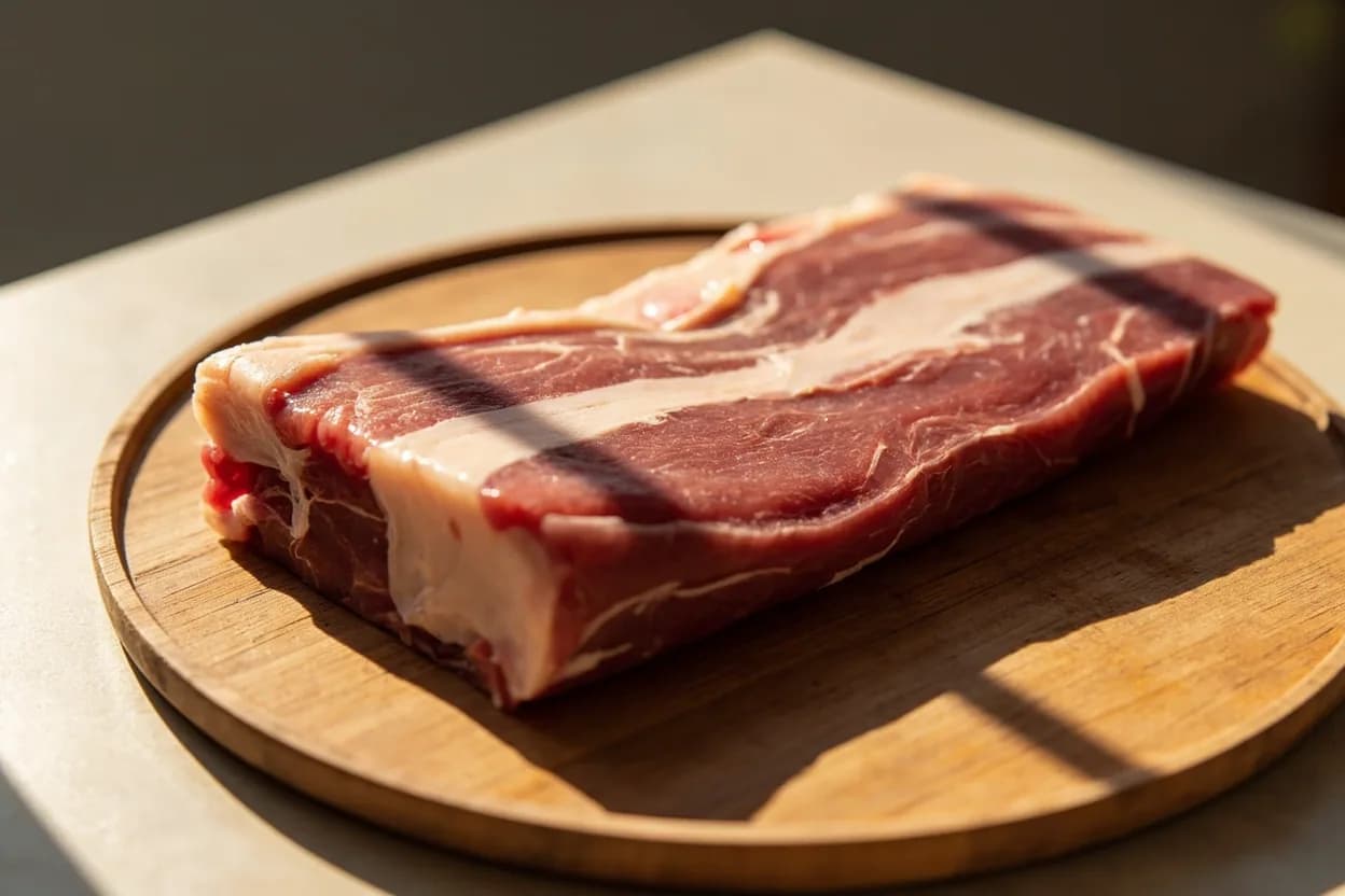 Coppa / Pork Collar (Capicola) in its raw whole-cut form on a butcher's board — Coppa (Italian) or capicola (American Italian variant; also capocollo, 'head-to-neck') is the cylindrical muscle group running from the 4th–5th cervical vertebra through the blade of the Boston butt … Identifying traits: Pinwheel cross-section of fat and lean unique to this muscle group, Self-contained muscle log with natural casing-shaped geometry ideal for charcuterie, Fine muscle fibre relative to other shoulder muscles.