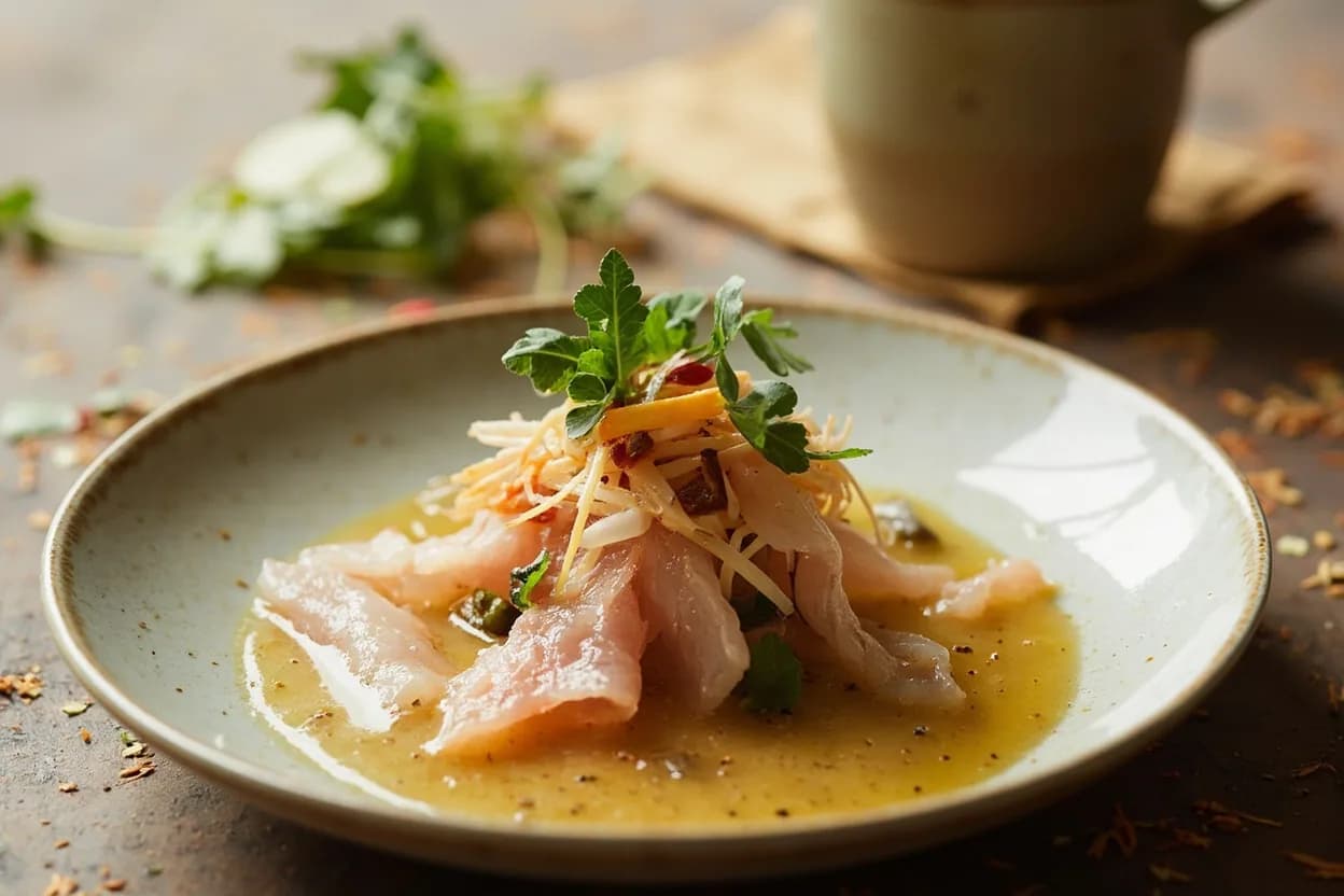 Corte en Láminas (Tiradito Thin Slice) prepared the canonical way — Tiradito clásico. PREPARATION: Use only sashimi-grade fish, ideally purchased the day of service. Remove skin, all pin bones, and any bloodline. Chill the fillet to just above 0 °C — 20–30 minutes in a bowl set over ice is sufficient. Cold fish slices cleanly; warm fish compresses and tears.