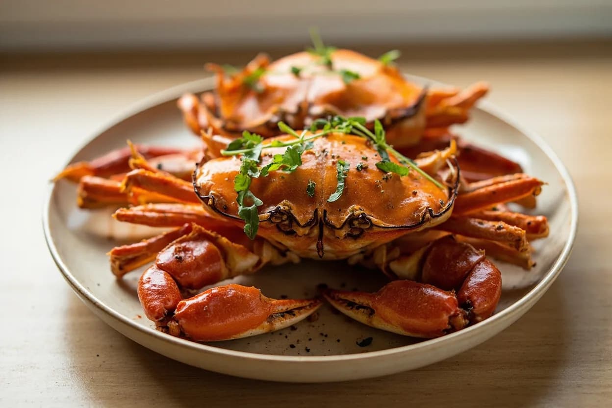 Crab Breakdown — Hard Shell & Soft Shell prepared the canonical way — Maryland steamed blue crabs with Old Bay (American Mid-Atlantic). HARD-SHELL — Dispatch: place live crab ventral-side up; drive a heavy skewer or knife point through the nerve centre behind the eyes or chill in the freezer 15 minutes to sedate.