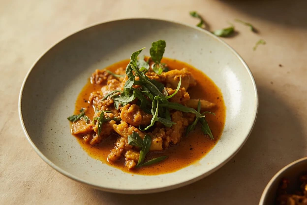 Curry Leaf — Sprig vs. Torn prepared the canonical way — Sambar. Heat oil (coconut, sesame, or neutral) until shimmering — around 180–190 °C — before adding the leaves; too cool and they steam rather than fry.