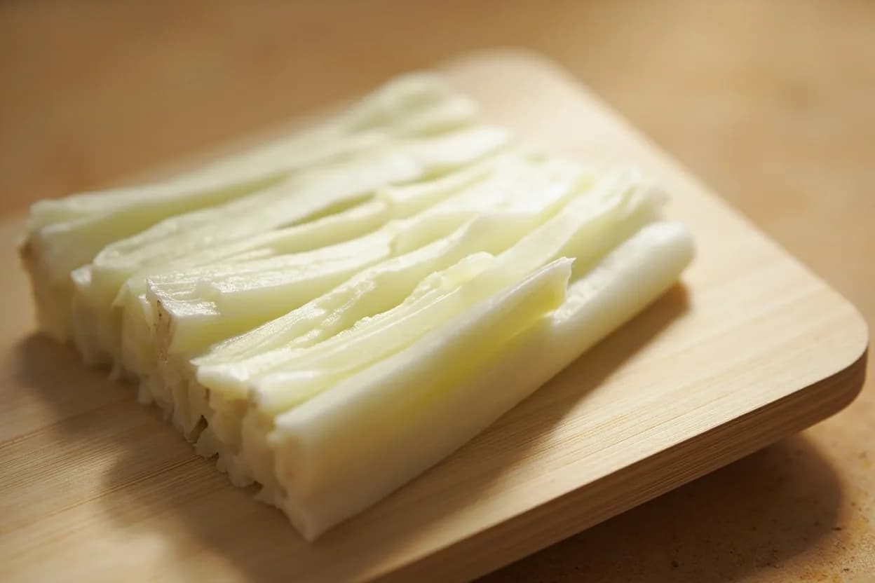 Daikon Julienne for Tsukemono in its raw whole-cut form on a butcher's board — Tsukemono julienne is a two-stage process: first the daikon is peeled into a continuous thin sheet (katsura-muki), or a mandoline is used to produce uniform sheets; the sheets are then stacked and sl… Identifying traits: Matchstick format (sengiri): 1.5–2 mm × 1.5–2 mm × 4–6 cm, Katsura-muki sheet technique allows paper-thin uniform starting material, High surface-area-to-volume ratio accelerates salt draw and brine uptake.