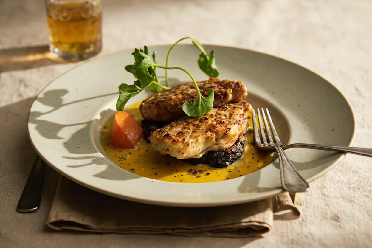 Darnes (Cross-Cut Fish Steak) prepared the canonical way — Darne de saumon grillée sauce béarnaise. Dry the darne well and season generously — the large bone mass absorbs heat and requires slightly longer cooking than an equivalent boneless portion.