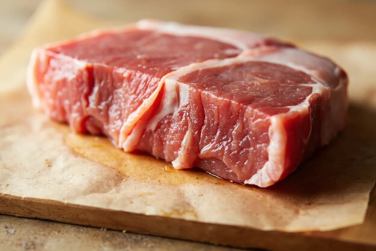 Darnes (Cross-Cut Fish Steak) in its raw whole-cut form on a butcher's board — A darne is the French term for a steak cut made by sawing or slicing cleanly through a dressed round fish (head and entrails removed) in a plane perpendicular to the spine. Identifying traits: Bone-in construction allows the spine to conduct heat inward and act as a moisture retainer, Skin-on perimeter holds the lobes together during cooking and crisps under dry heat, Classic French and Mediterranean bistro presentation.
