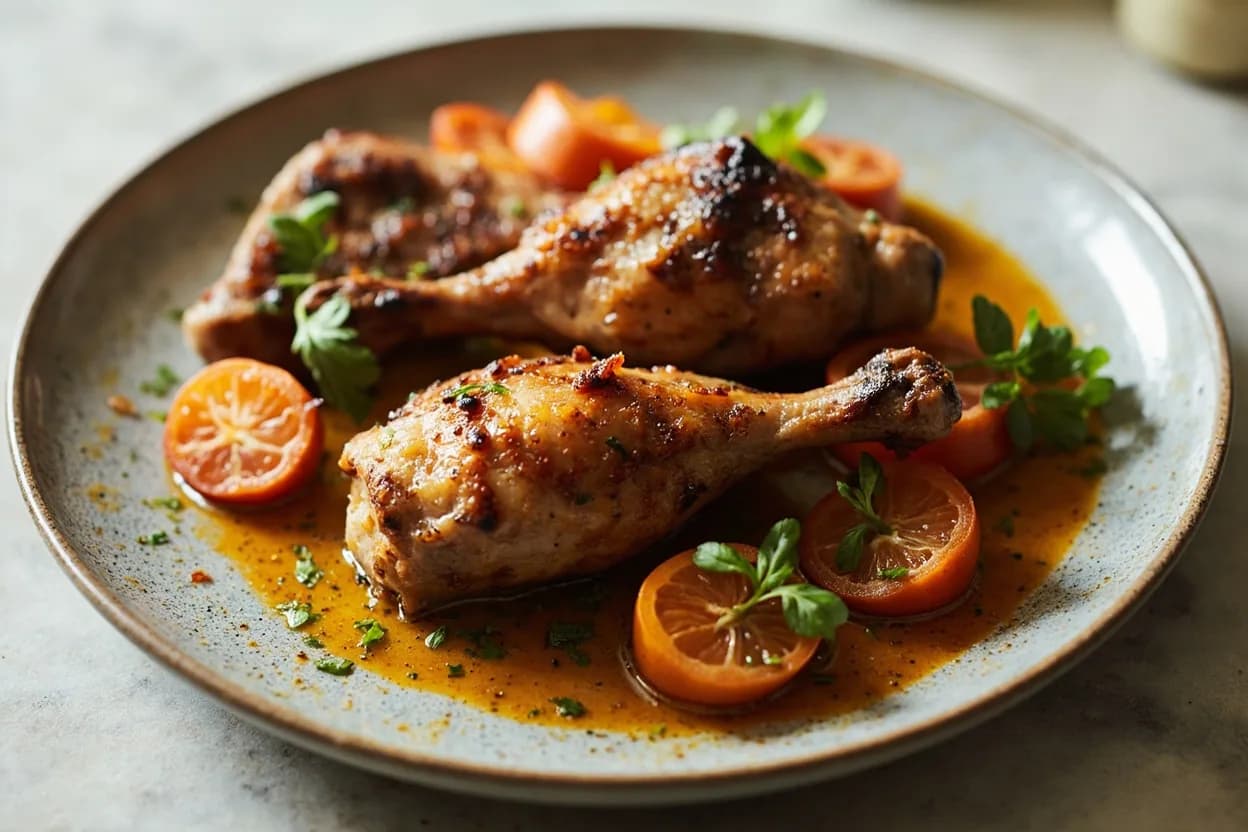 Drumstick & Thigh Separation (Tandoor Prep) prepared the canonical way — Tandoori chicken. Separate leg quarter at the knee: bend the joint back to reveal the cartilage, cut firmly through the joint — no sawing; the blade follows the natural gap between tibia and femur.