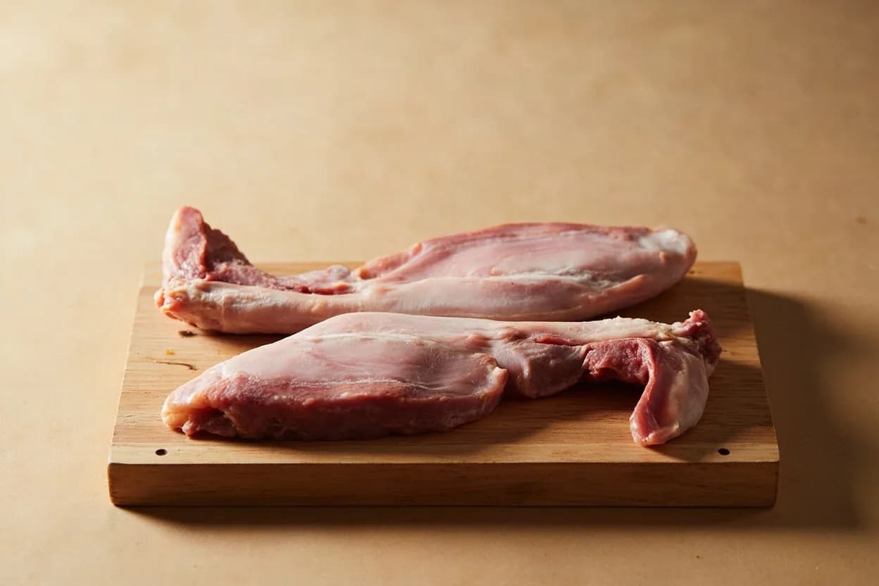 Duck Butchery — Magret vs. Confit Leg in its raw whole-cut form on a butcher's board — Duck butchery at the professional level revolves around one critical distinction: the magret and the confit leg come from different ends of the bird and require opposite treatment. Identifying traits: Magret breast is dark, myoglobin-rich red meat — behaves more like beef than poultry, Fat cap scoring (crosshatch at 5 mm intervals) is mandatory to prevent the skin from buckling and to allow even rendering, Leg has abundant collagen in the drumstick — benefits from extended moist or fat-submerged heat.