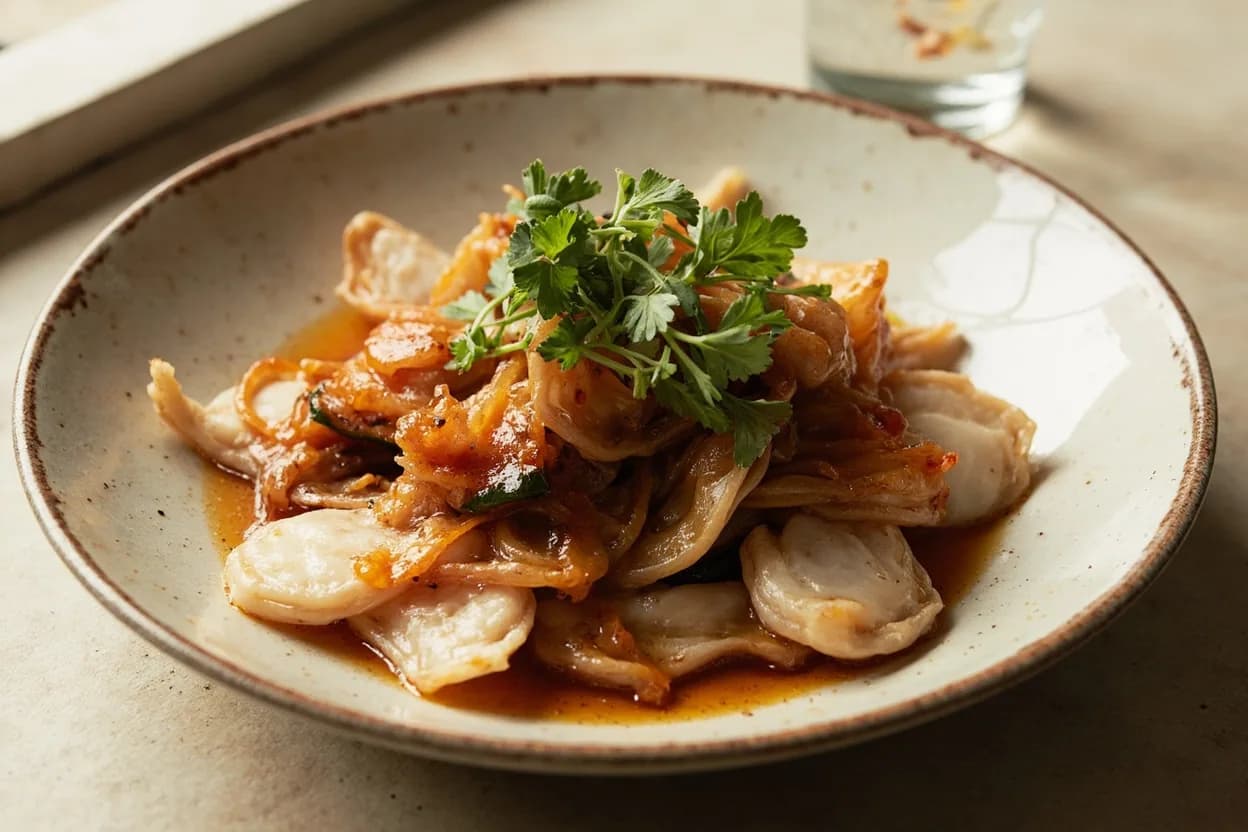 Ear-Sheet Slice (Er Pian) prepared the canonical way — Fuqi feipian (husband-and-wife beef slices). Par-cook whole muscle in seasoned water (pork: bring to boil, simmer 20–25 min until just cooked through; beef: blanch 2–3 min for stir-fry, longer for cold salads). Remove and chill uncovered until fully cold and firm — ideally 1–2 hours in refrigerator.
