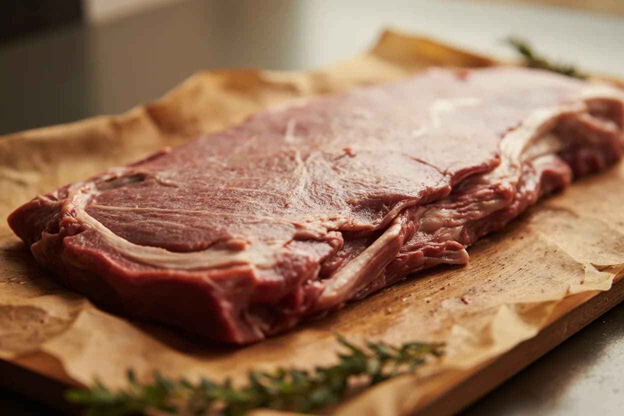 Ear-Sheet Slice (Er Pian) in its raw whole-cut form on a butcher's board — Er pian (耳片, literally 'ear slices') are wide, translucent-thin sheets of pork belly, shoulder, or lean beef sliced against the grain at a low oblique angle so each piece fans out into a broad oval r… Identifying traits: Very wide, thin oval sheet — surface area far exceeds that of a standard slice, Cut against the grain at a steep oblique angle to widen each slice, Semi-translucent when thin enough; light passes through pork belly like stained glass.