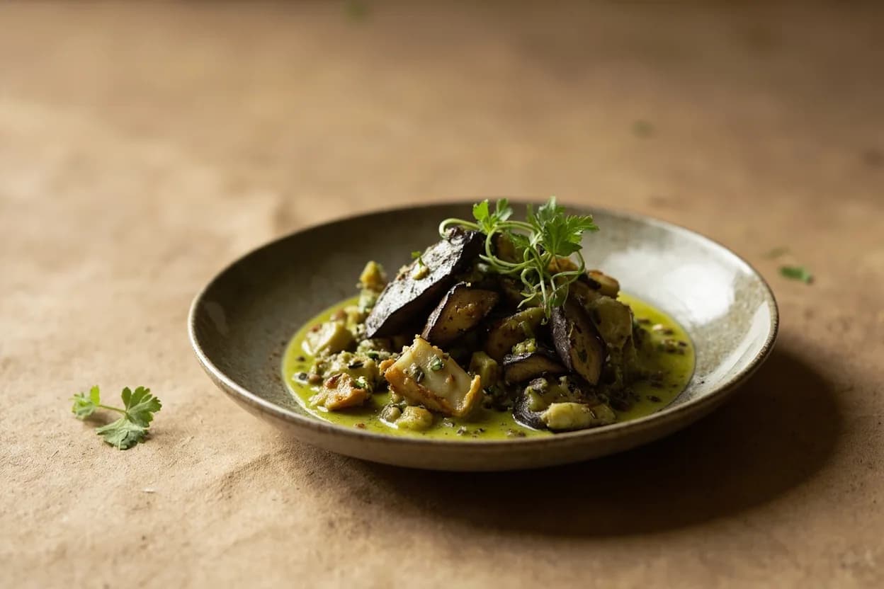 Eggplant — Thai Wedge Cut (Pea, Round & Long) prepared the canonical way — Thai green curry (gaeng keow wan). PEA EGGPLANT (makheua phuang): Wash the tiny grape-like clusters. Pinch or snip individual peas from the stem — or snap off small sub-clusters. Add whole to curry in the last 2–3 minutes of cooking. Do not cut; their value is the whole-pod pop and burst of bitter juice.