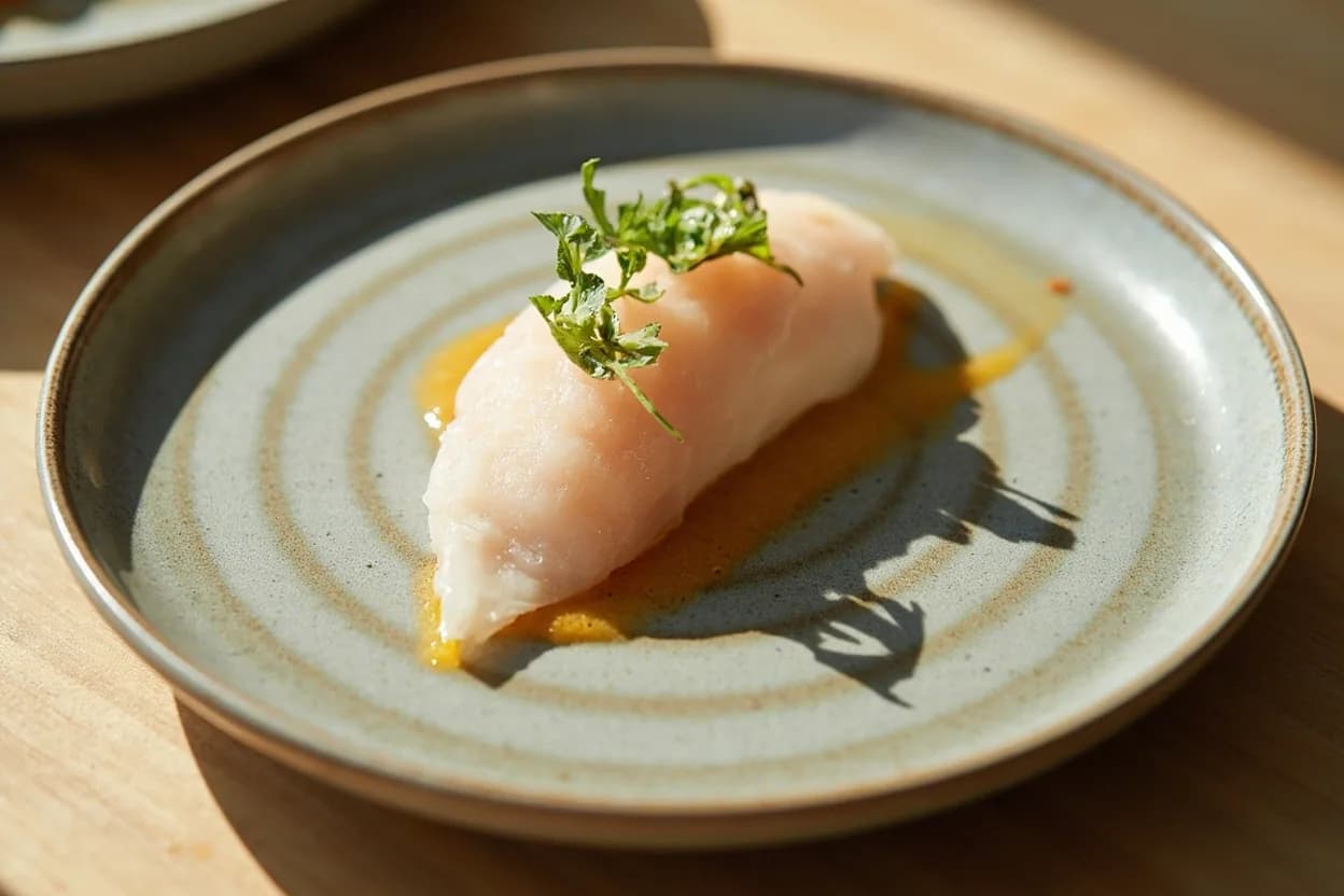 Engawa (Flounder Fin Muscle) Separation prepared the canonical way — Hirame engawa nigiri. Fillet the flounder using go-mai oroshi (5-piece breakdown): head off, two top fillets lifted, two bottom fillets lifted, leaving the skeleton.