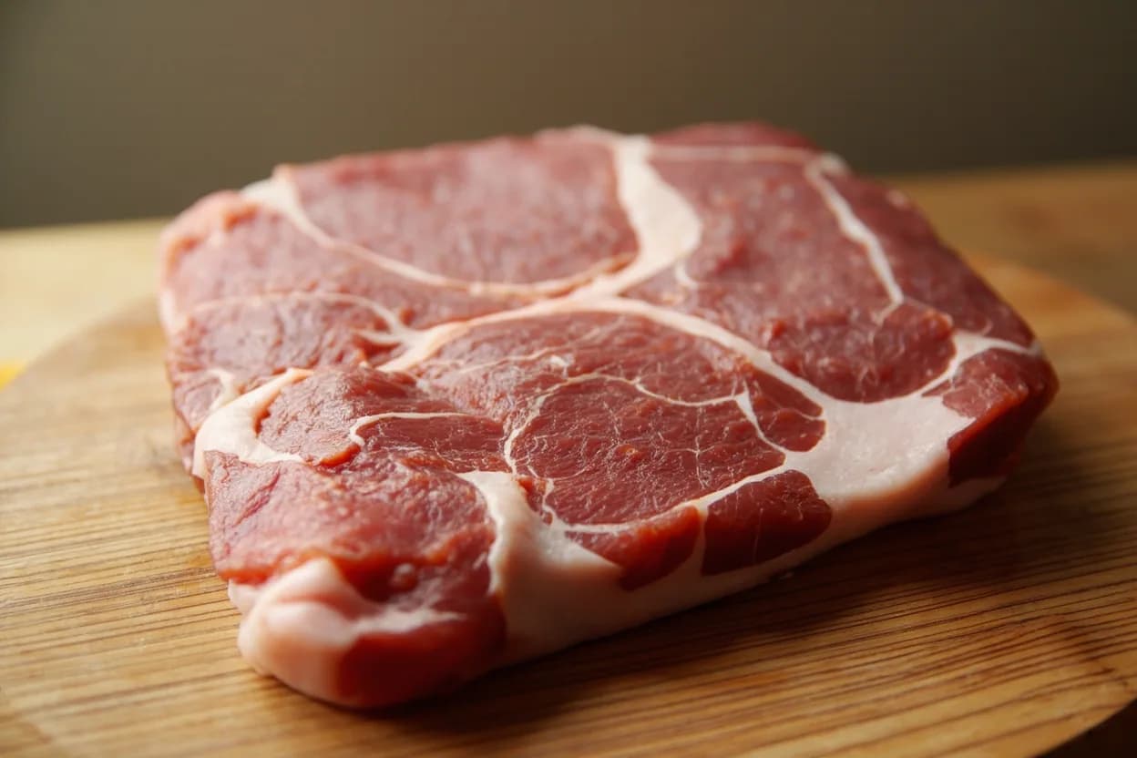 Fat Cap Scoring in its raw whole-cut form on a butcher's board — Fat cap scoring is the technique of cutting a series of parallel incisions — typically in two perpendicular directions to form a diamond or square grid — through the exterior fat layer of a meat cut … Identifying traits: Channels allow liquefied fat to drain away rather than pooling and steaming the surface, Grid pattern prevents the fat layer from curling and lifting off the meat as collagen in the skin contracts, Increased surface area accelerates Maillard browning and caramelisation of any applied glaze.
