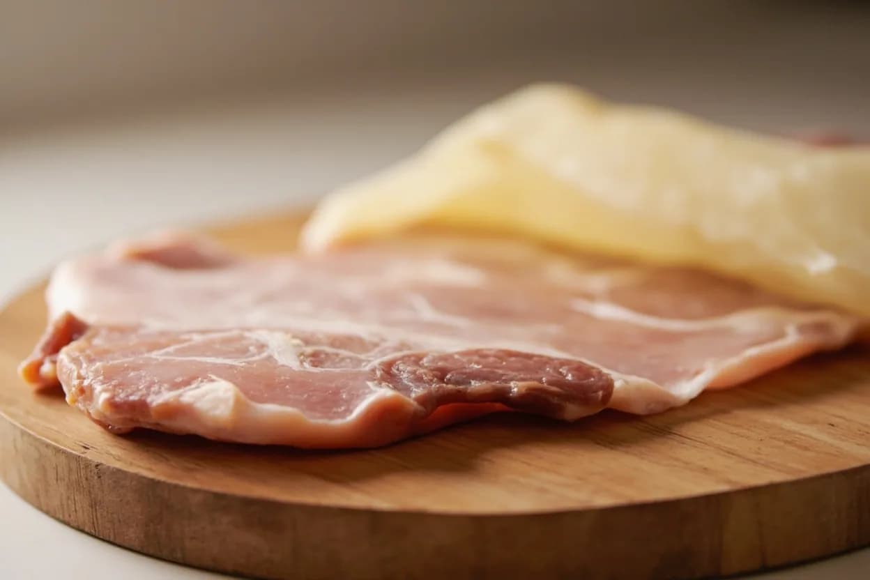 Fatback vs. Leaf Lard vs. Caul Fat in its raw whole-cut form on a butcher's board — Pork yields three major fat deposits that are structurally and functionally different: fatback is the thick subcutaneous fat sheet running along the spine; leaf lard (also called flare or kidney fat)… Identifying traits: Fatback has a clean, porky flavor and firms when chilled, making it ideal for grinding into farce or slicing into lardons, Leaf lard renders to a pure, near-flavorless white fat prized in pastry for unrivalled flakiness, Caul fat is almost invisible after cooking — it bastes the food it wraps as it melts, then disappears.