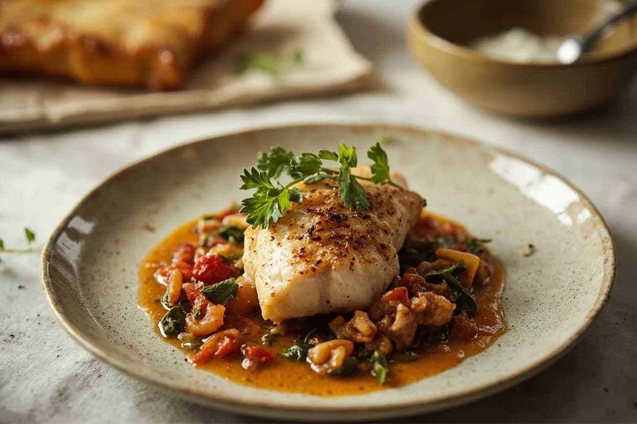 Fish Suprême prepared the canonical way — Saumon suprême meunière. Pat the suprême thoroughly dry on both sides — surface moisture is the enemy of crispy skin and proper Maillard browning.
