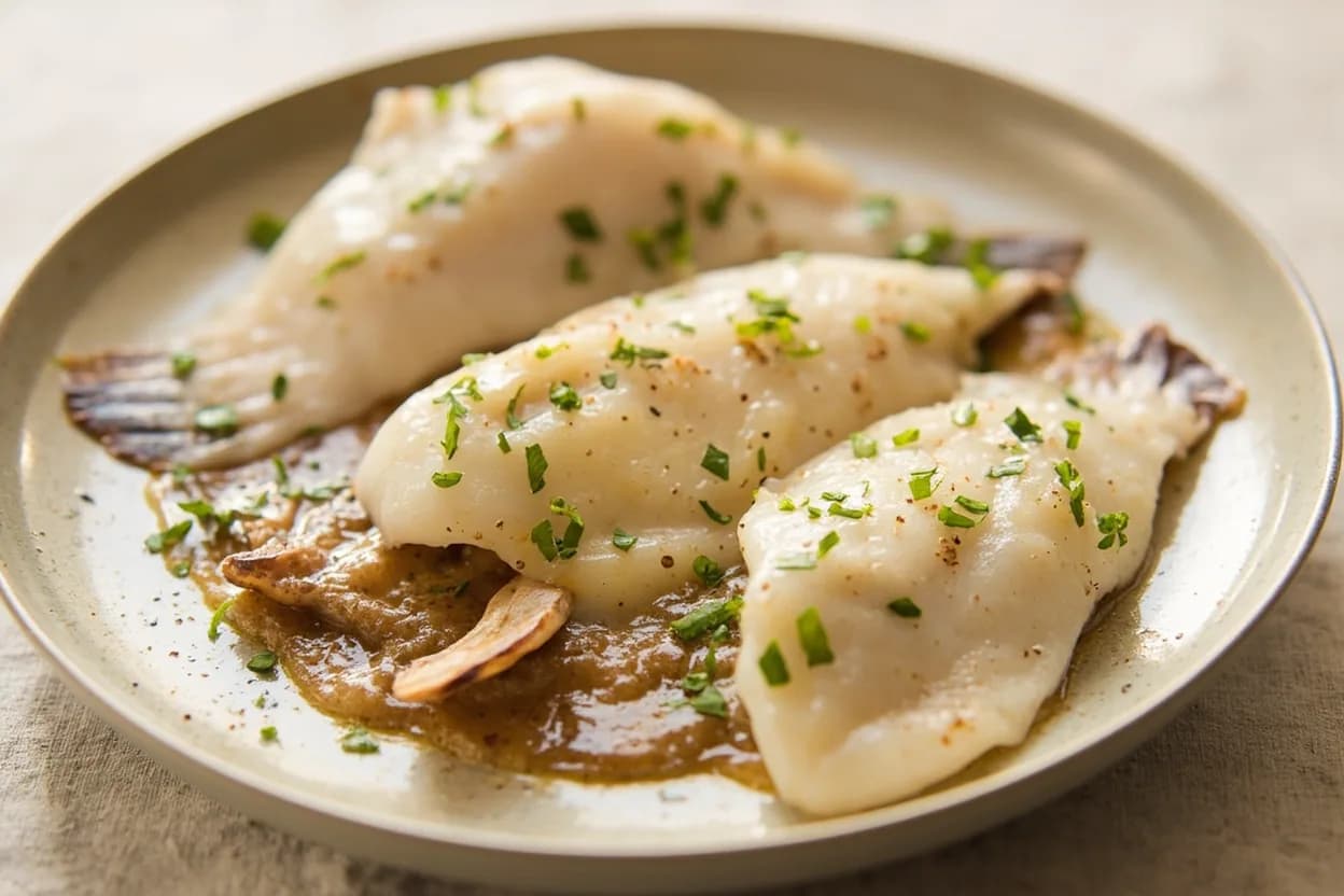 Flat Fish Filleting — Four-Fillet Method (Sole & Flounder) prepared the canonical way — Sole meunière. Lay the fish dark-side up on a board. Make a shallow incision along the lateral line from head to tail, then cut outward in two passes — one toward the dorsal fin, one toward the ventral fin — separating the two dark-side fillets from the ribs with the blade held nearly flat.