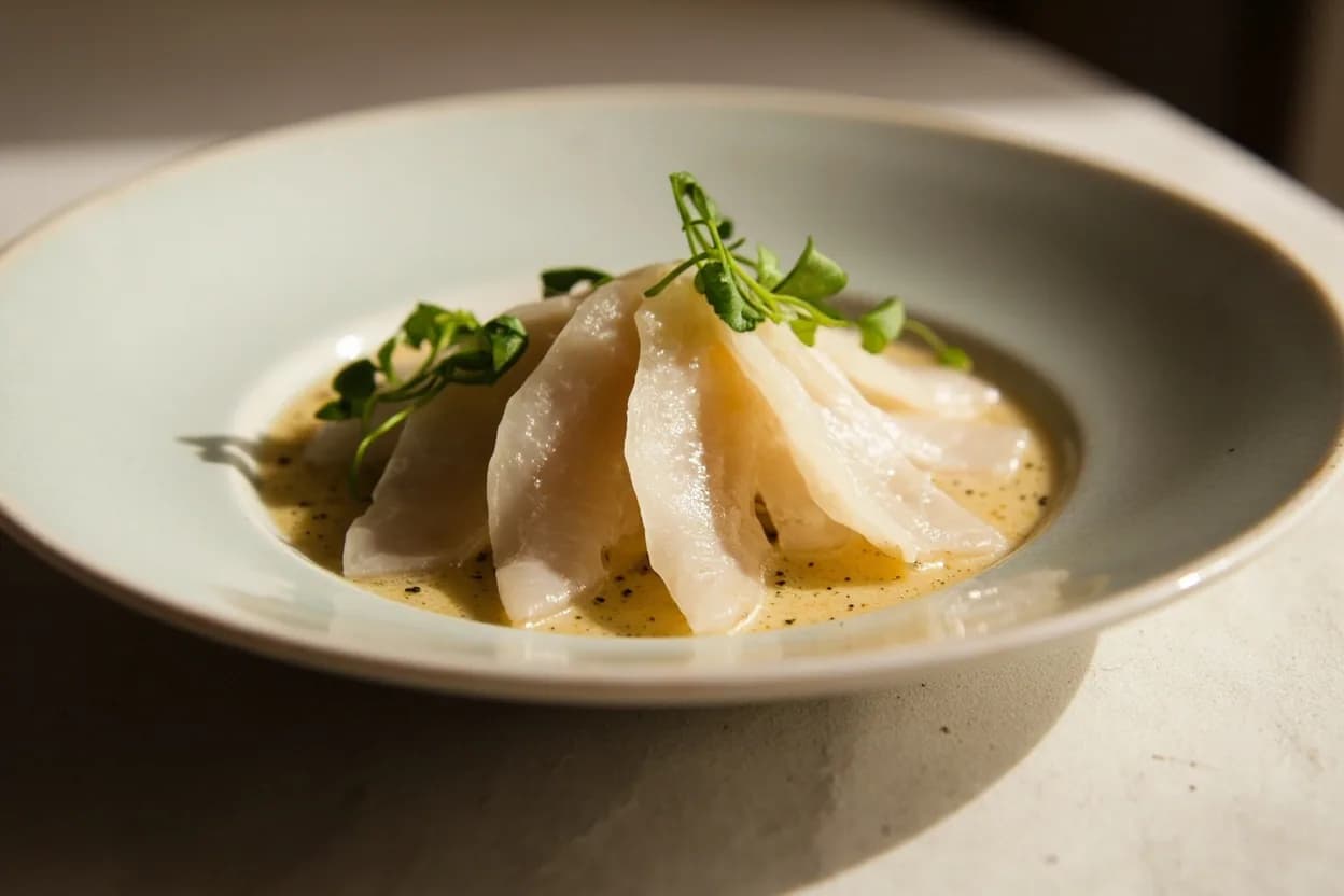 Geoduck Sashimi Slice prepared the canonical way — Mirugai nigiri. Place the live geoduck in the freezer for 10–15 minutes to stun and relax it, making the siphon easier to extend and handle.