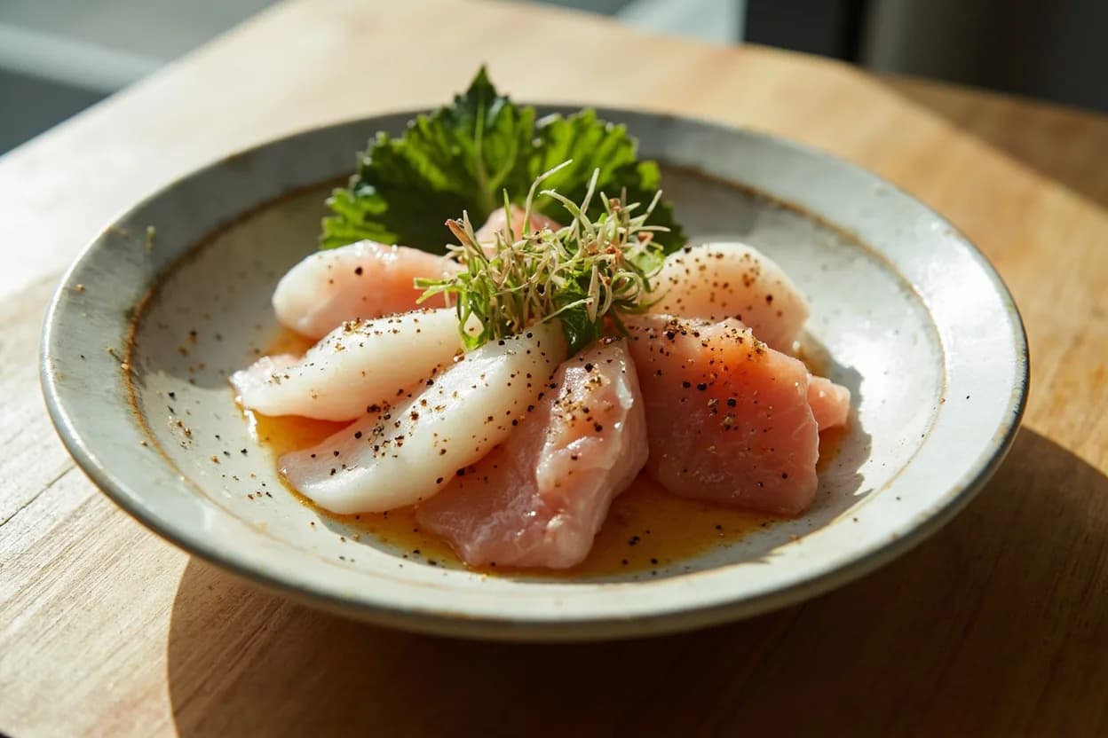 Gomai Oroshi (Five-Piece Fish Breakdown) prepared the canonical way — Hirame usuzukuri (paper-thin sashimi of flounder with ponzu). Scale and gut the fish through the head side; rinse the cavity clean. Pat dry. The dark (upper) face is addressed first.