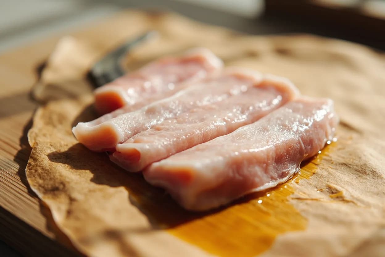 Gomai Oroshi (Five-Piece Fish Breakdown) in its raw whole-cut form on a butcher's board — Gomai oroshi (五枚おろし, 'five-sheet disassembly') is the prescribed Japanese method for fabricating flatfish. Identifying traits: Four very thin, flat fillets of nearly equal size and geometry, The engawa (縁側) — fin-muscle margin — is the prize trimming; often separated and served as a distinct sushi topping, Hirame fillets are white, translucent, and visually refined; karei fillets are slightly more yellow.