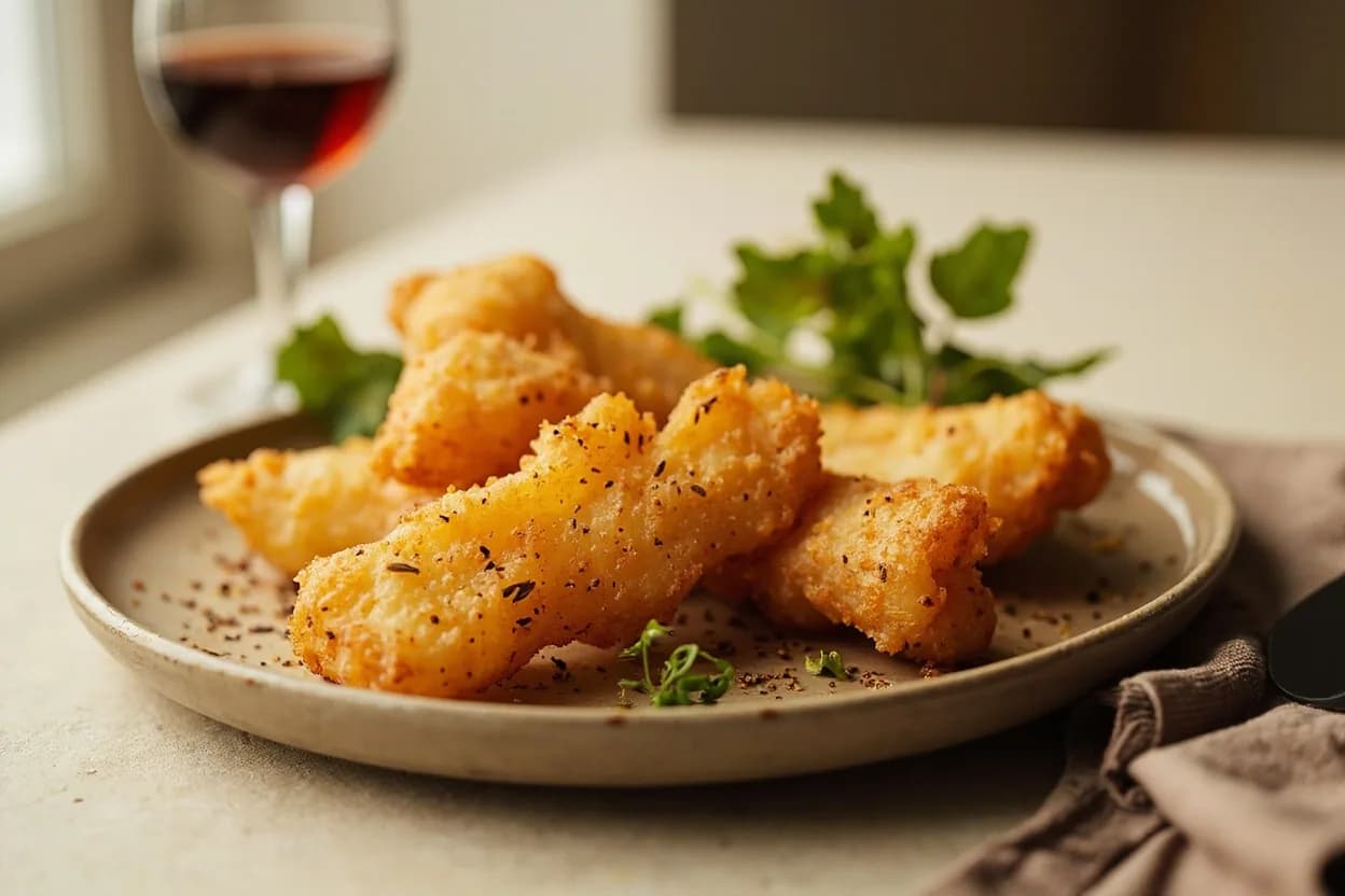 Goujons (Finger-Cut Fish Strips) prepared the canonical way — Goujons of sole with tartare sauce and dressed leaves (classic British brasserie starter). Skin and pin-bone the fillet; pat very dry with paper towel — surface moisture is the enemy of crumb adhesion.