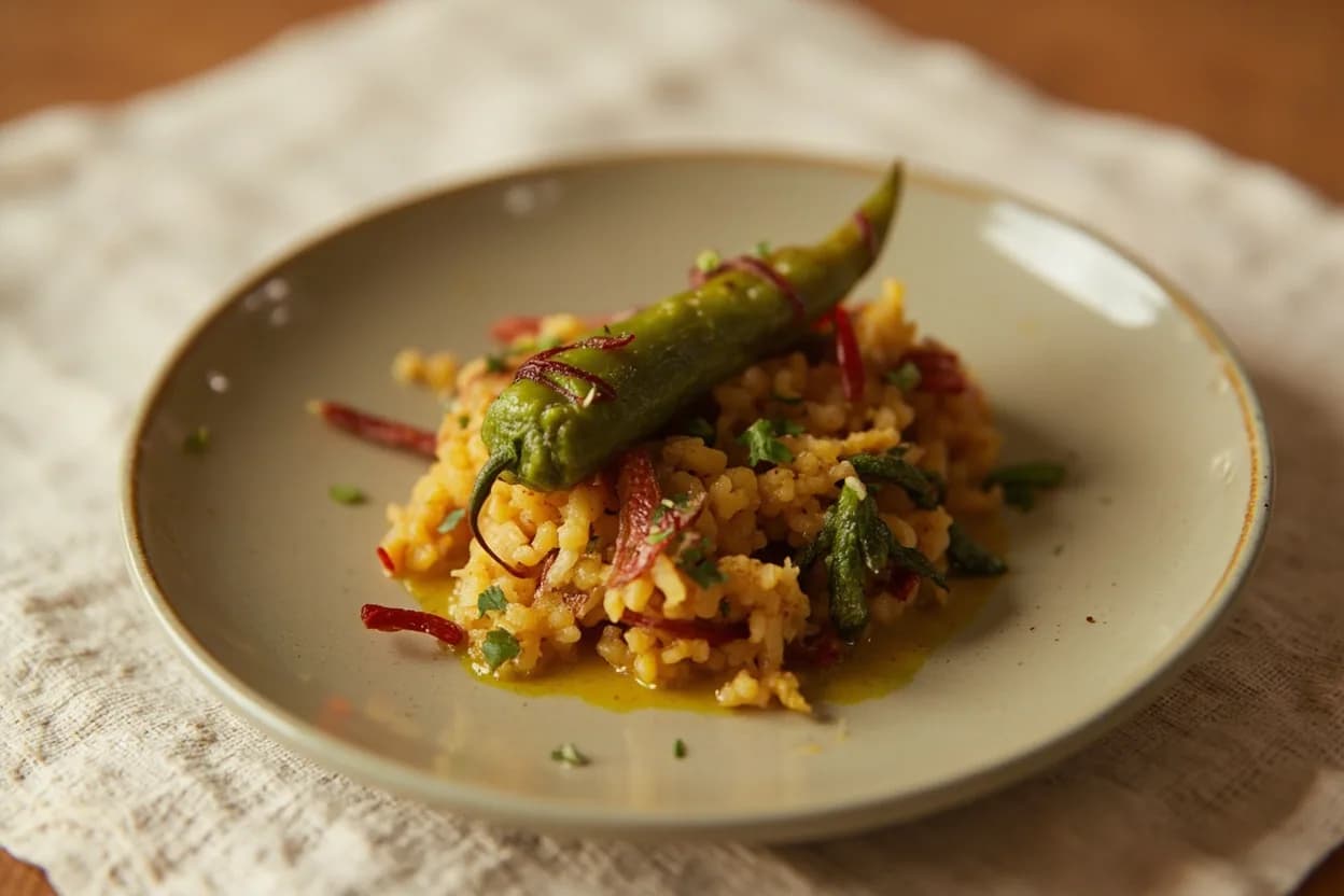 Green Chili — Split vs. Slit prepared the canonical way — Sambar. For a slit: hold the green chili flat on the cutting board. Make one shallow cut from just below the stem to within 5 mm of the tip, cutting through the skin but not splitting the chili open. The chili should still hold together.