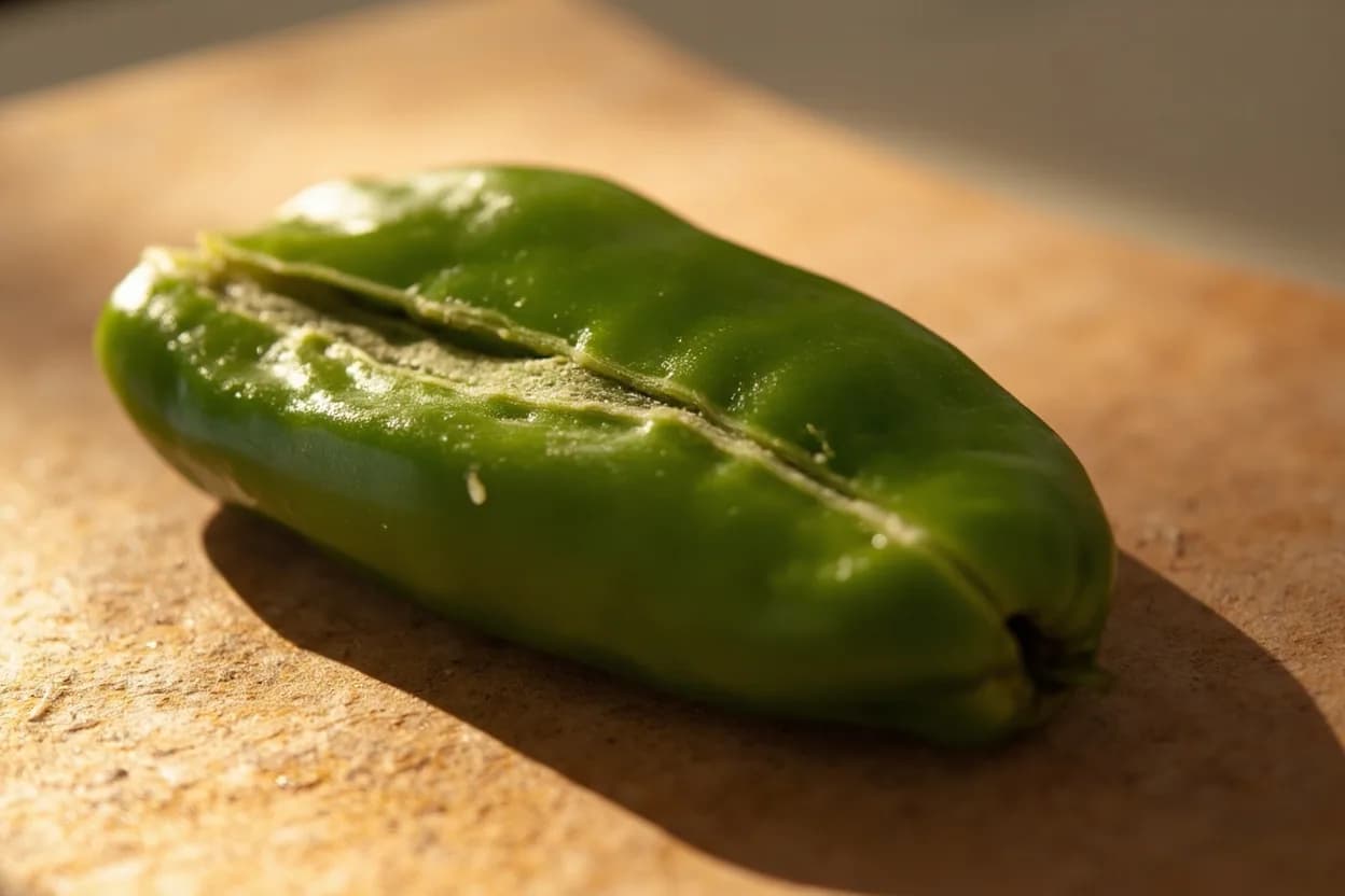Green Chili — Split vs. Slit in its raw whole-cut form on a butcher's board — Two knife techniques applied to fresh green chilies (commonly Byadgi, Guntur, Thai, or serrano varieties in South Indian cooking) that determine how capsaicin is released and at what intensity. Identifying traits: Full split: significant seed and pith removal reduces heat sharply while keeping green, grassy chili flavor, Slit: chili stays visually whole, releases volatile aromatics and moderate capsaicin into oil without shedding seeds, Slit method is preferred when the chili is meant to be a garnish or picked around rather than eaten.