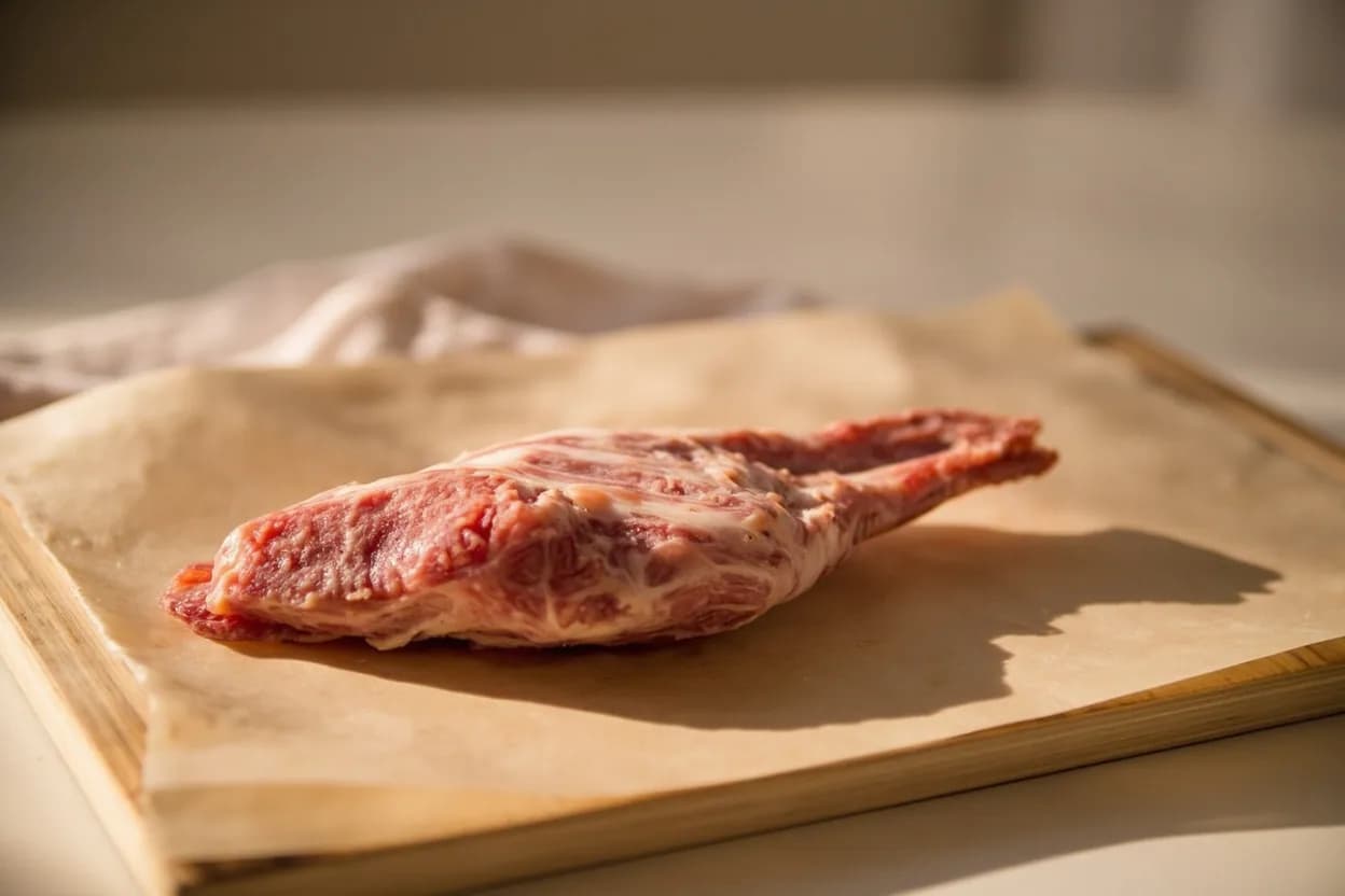 Guanciale (Pork Jowl) in its raw whole-cut form on a butcher's board — Guanciale is the cured and dried jowl (cheek-and-jaw) of the pig. Identifying traits: Fat has a sweeter, cleaner, more intensely porky flavor than belly fat — no medicinal notes, Lean striations are fine and diagonal, giving a distinctive marbled cross-section, When rendered, the fat becomes translucent and almost liquid at room temperature.