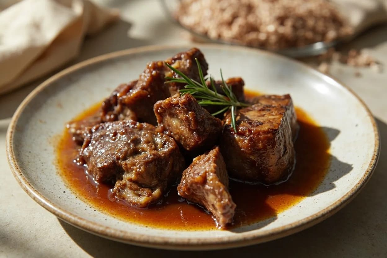 Halal Beef Primal Breakdown prepared the canonical way — Nihari (Pakistani slow-braised shank stew). For forequarter cuts (chuck, brisket), plan for low-and-slow: 225–275 °F / 107–135 °C over several hours to dissolve collagen into gelatin.