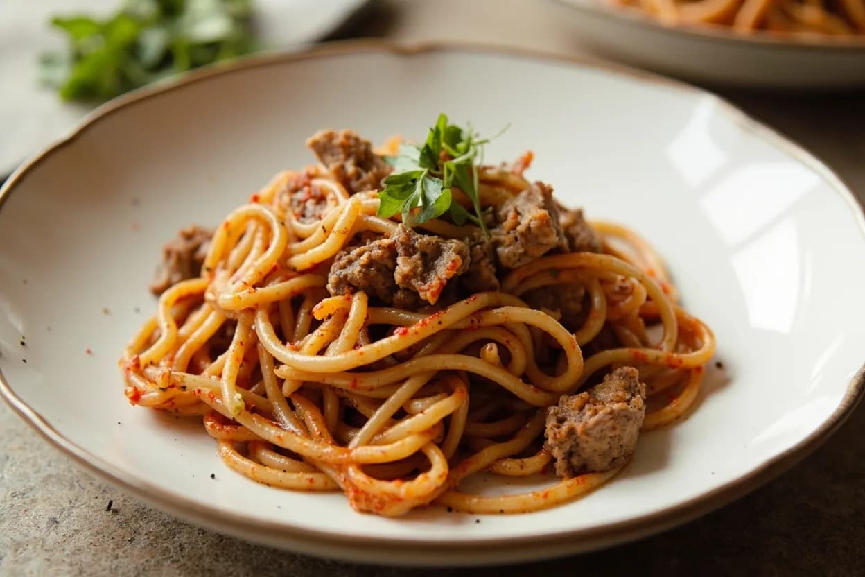 Hand-Torn Pasta (Strappare) prepared the canonical way — Stracci al ragù di agnello (Abruzzo). Roll the sfoglia to the desired thickness on a pasta machine (typically setting 4–6, approx. 1–2 mm) or with a mattarello.